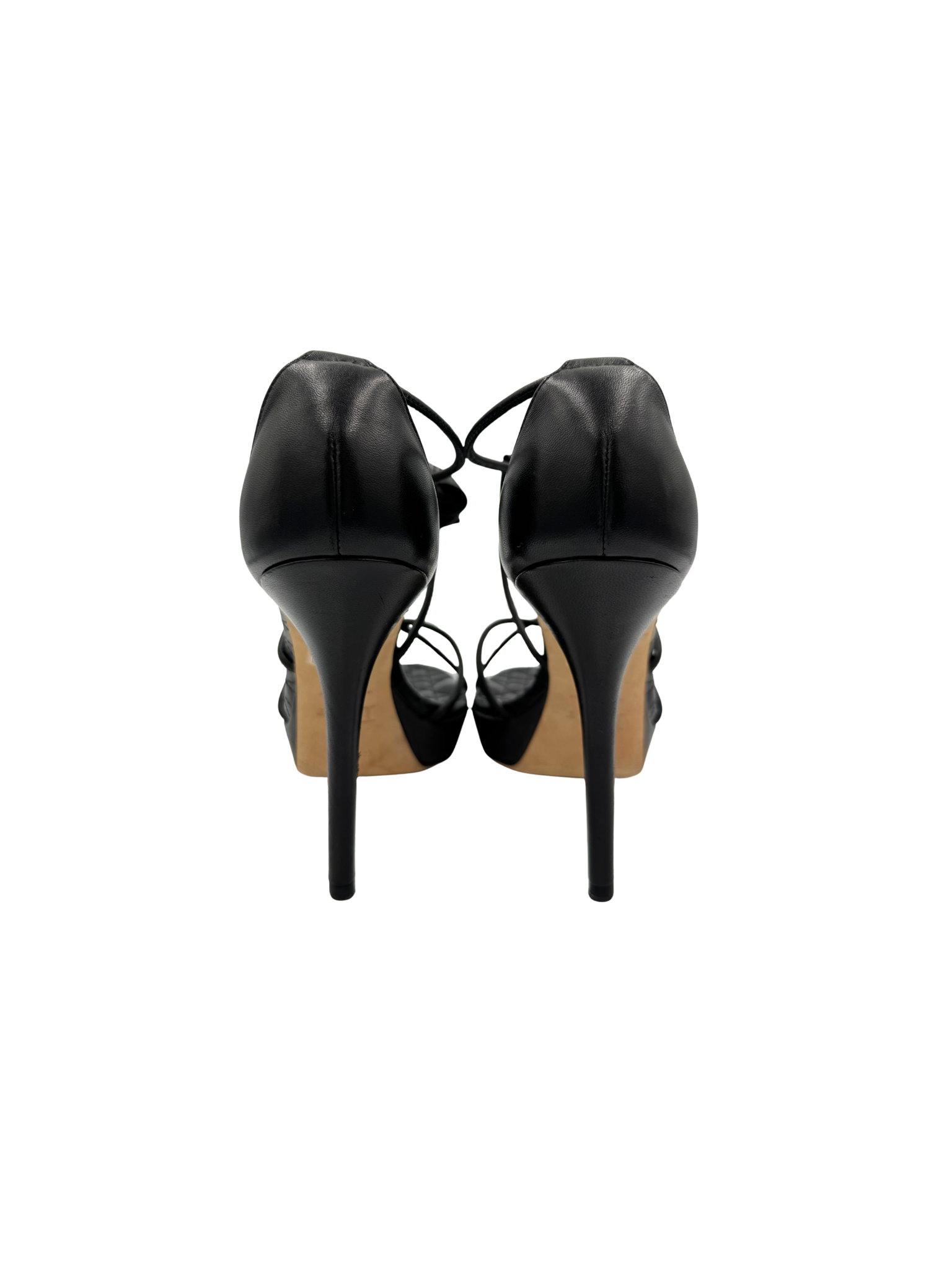 Size 38 Quilted Cannage Flower Chain Strap High Heel Sandals in Black Leather