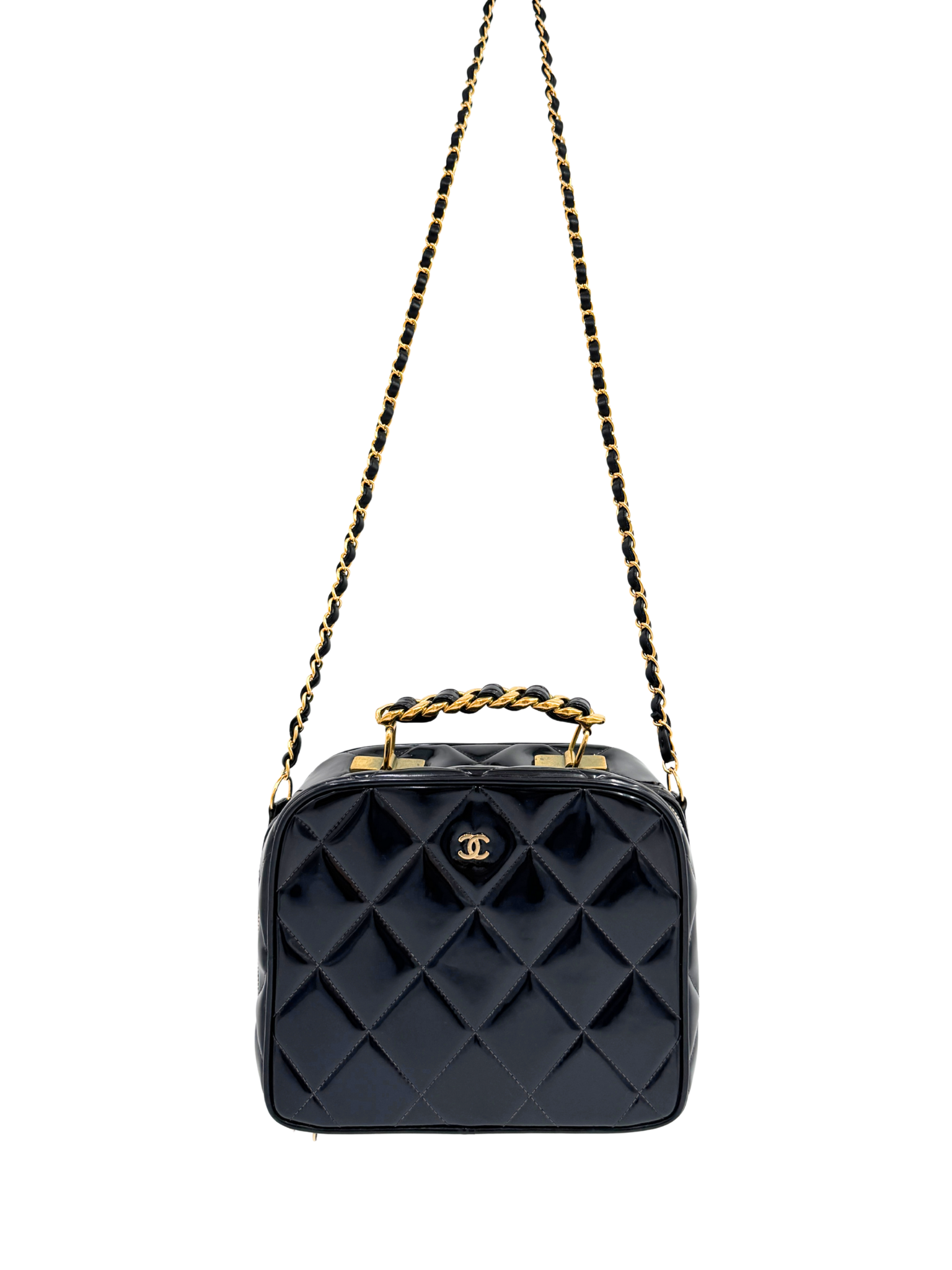 Vintage 1995 Barbie Collection CC Logo Rectangular Vanity Case in Black Patent Leather