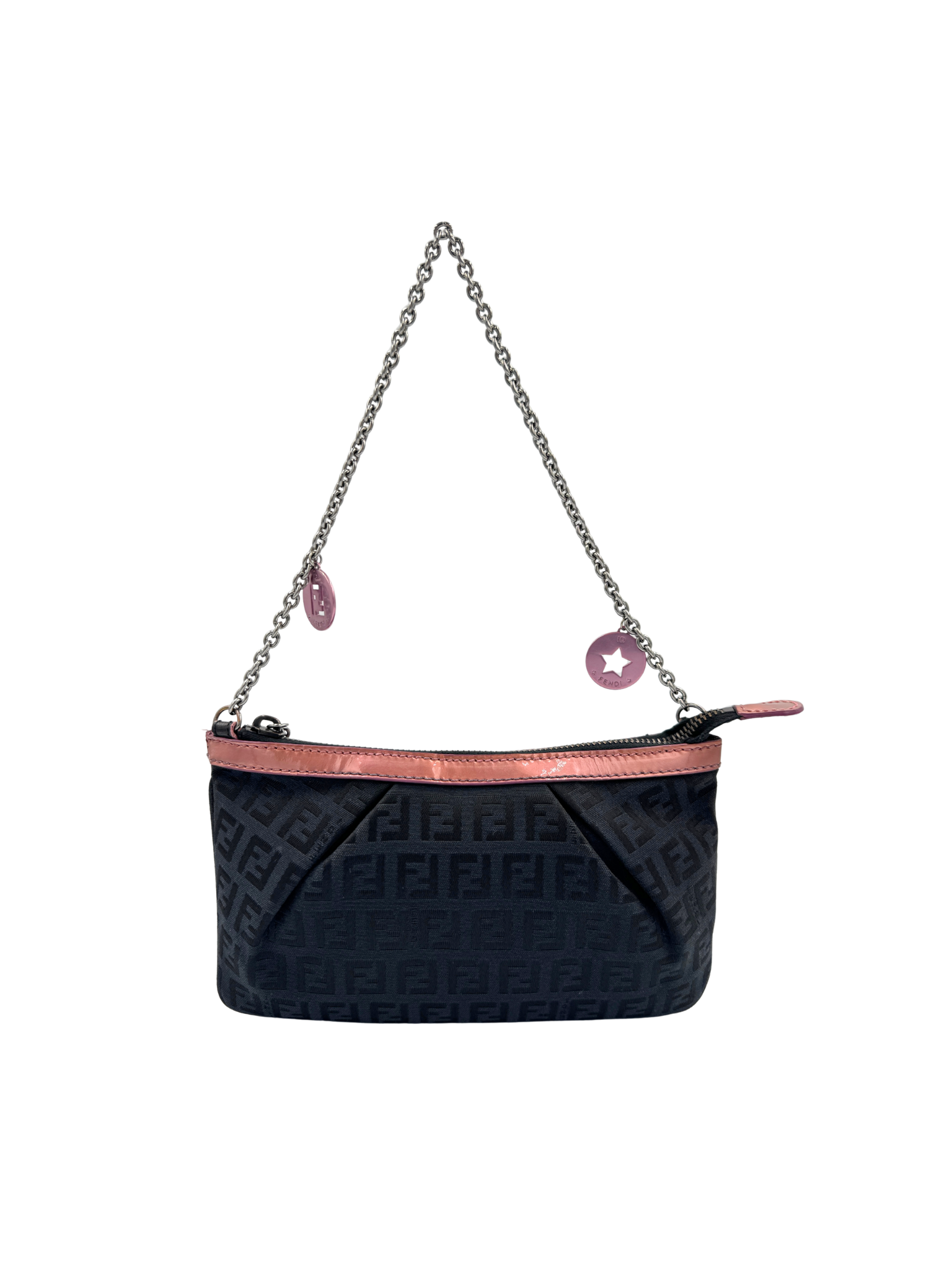 Vintage Zucchino FF Pochette Shoulder Bag with Fendi Strap Charms in Black Monogram Logo Jacquard Fabric with Pink Trim