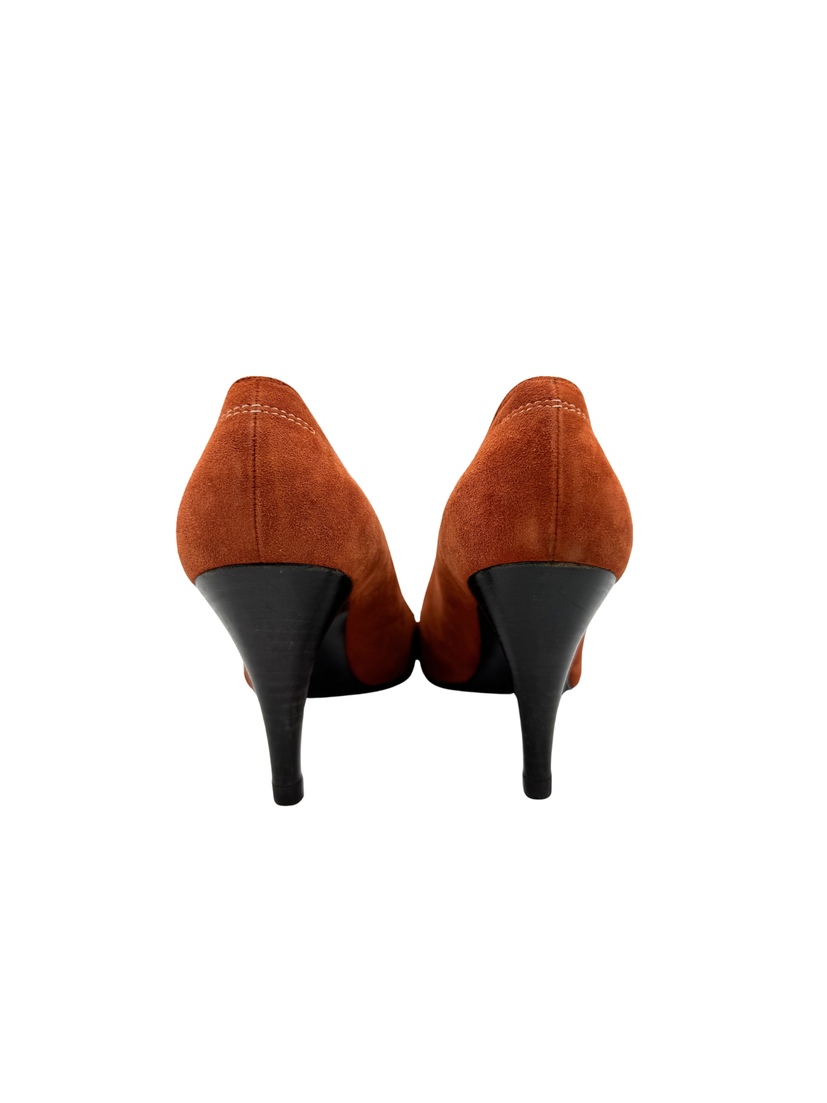 Size 37.5 Vintage Karl Lagerfeld Era CC Pointed Toe Pumps with Fringe in Burnt Orange Suede