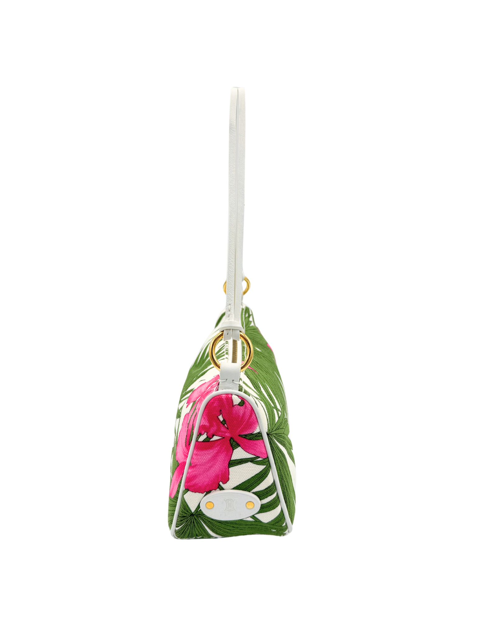 Triomphe Tropical Hibiscus Print Shoulder Bag Pochette in Pink and Green Canvas