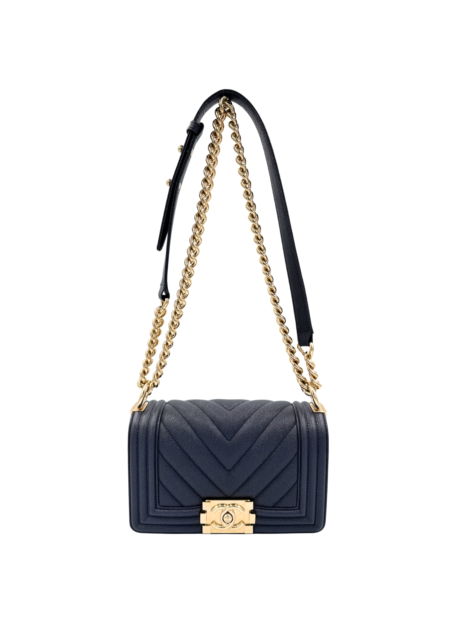 2020 Small Chevron Boy Bag in Navy Blue Caviar Leather