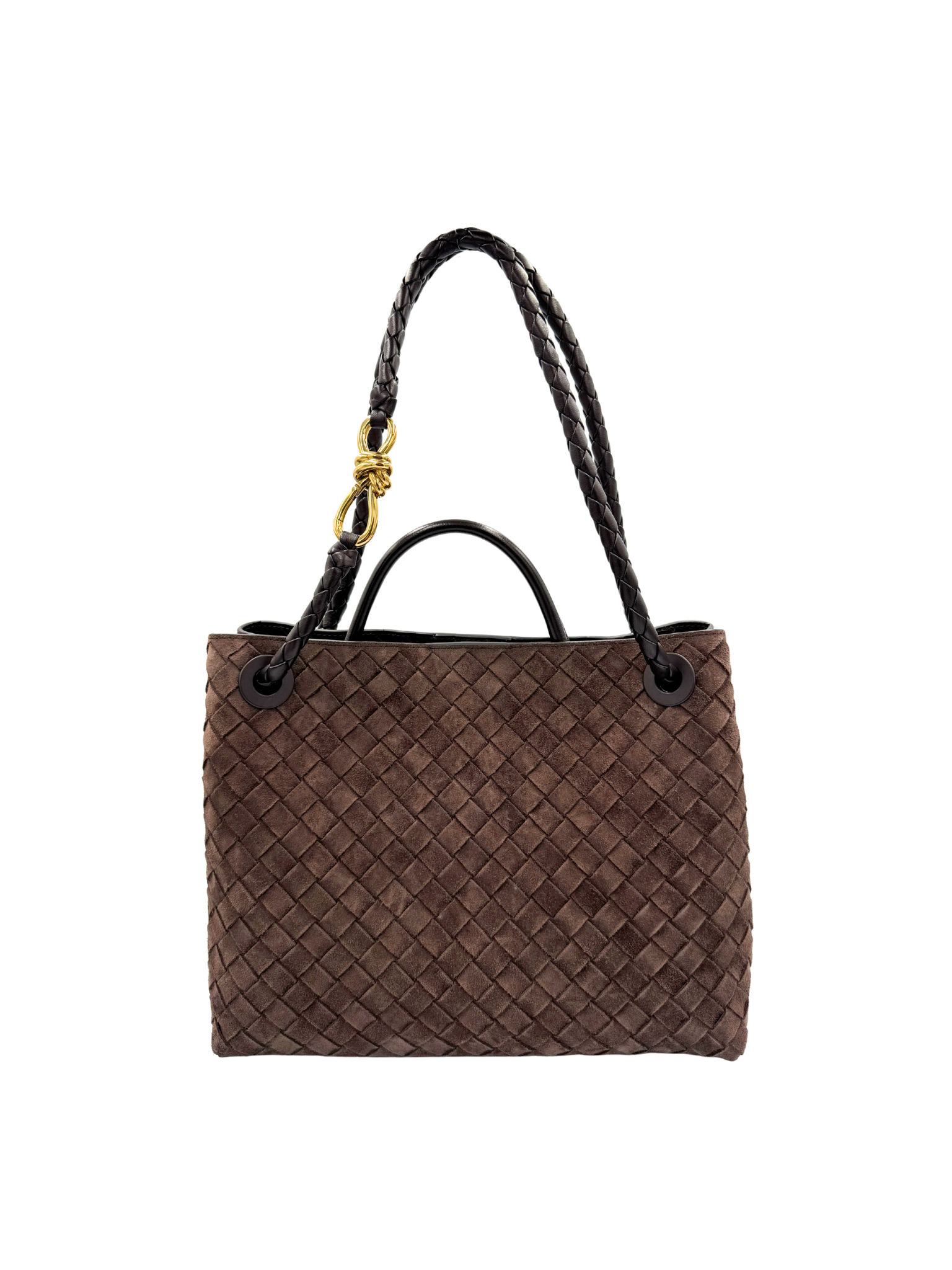 Medium Andiamo Shoulder Bag with Top Handle in Fondant Brown Intrecciato Suede