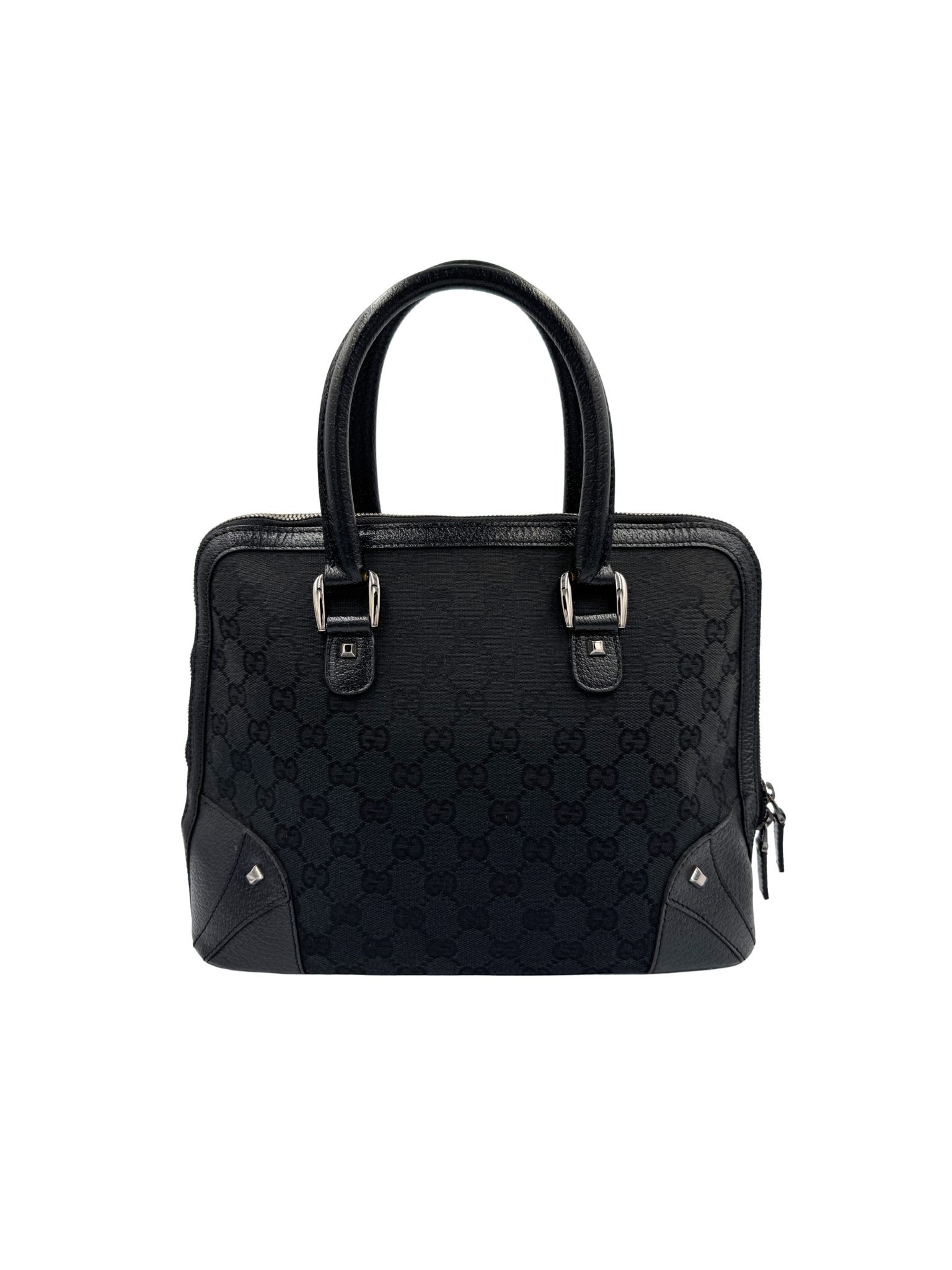 Vintage Tom Ford Era Dome Satchel with Top Handle and Micro Studs in Black Monogram GG Supreme Canvas with Leather Trim