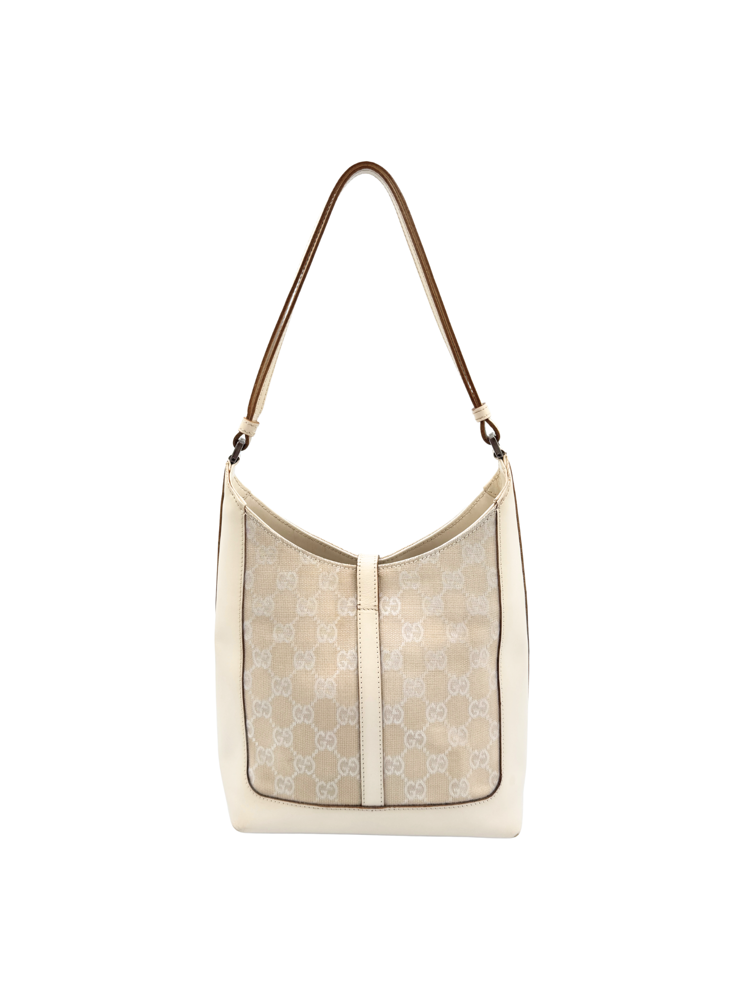 Vintage Jackie Structured Hobo Shoulder Bag in Ivory Monogram GG Supreme Canvas with White Leather Trim