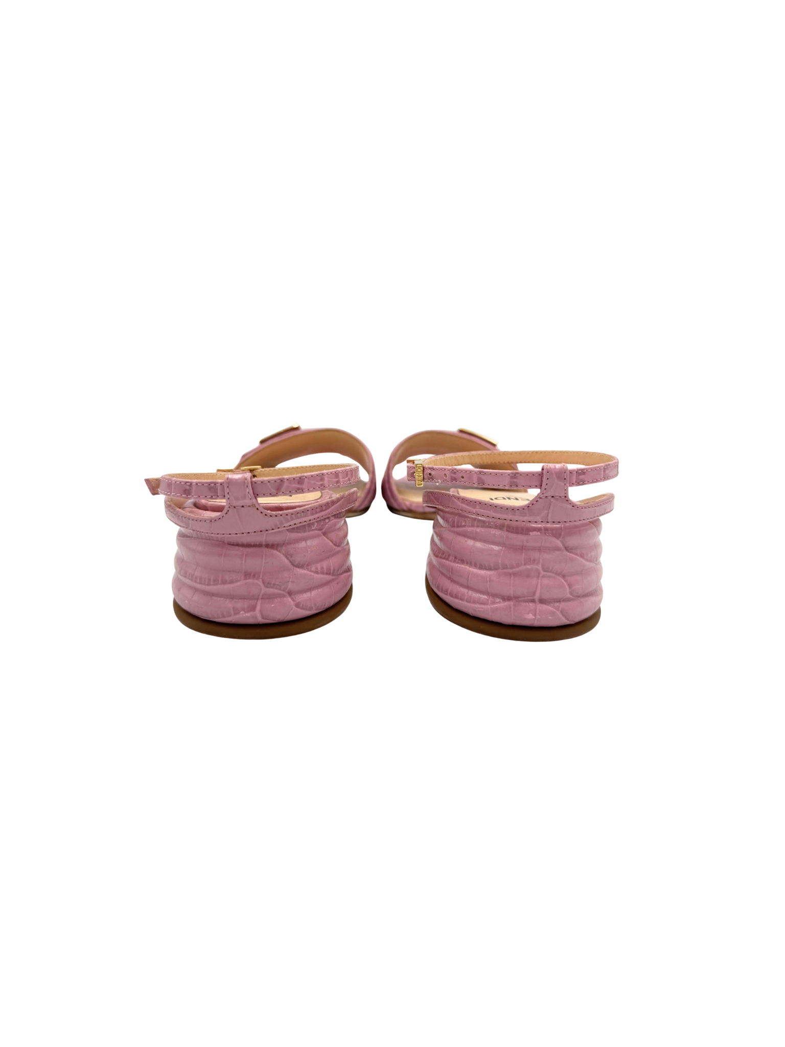 Size 37.5 FF Logo Mule Sandals with Ankle Strap in Pink Crocodile-Embossed Leather