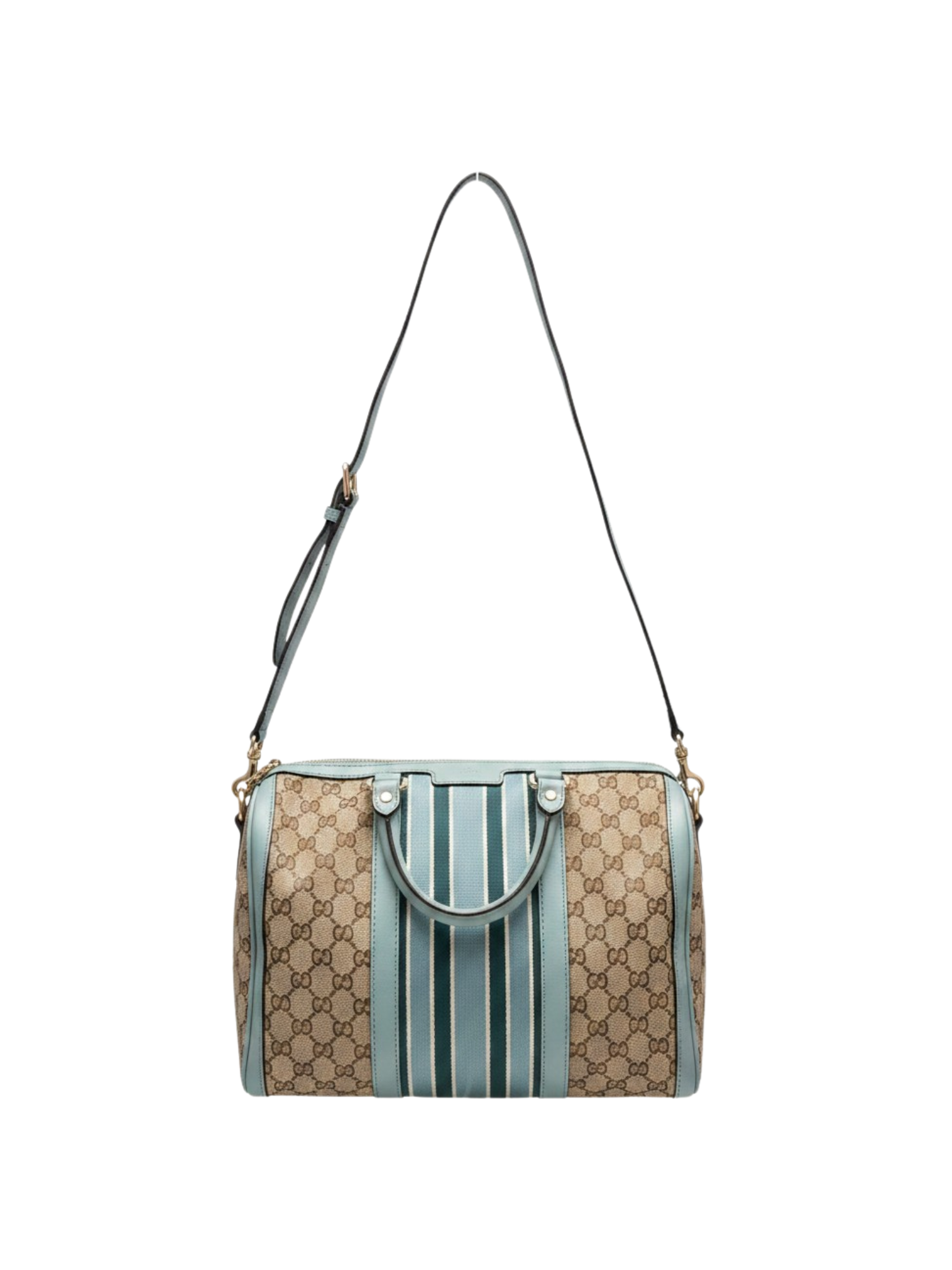 Striped GG Boston Bag with Top Handle in Brown and Tan Monogram GG Supreme Canvas with Blue and Green Accents