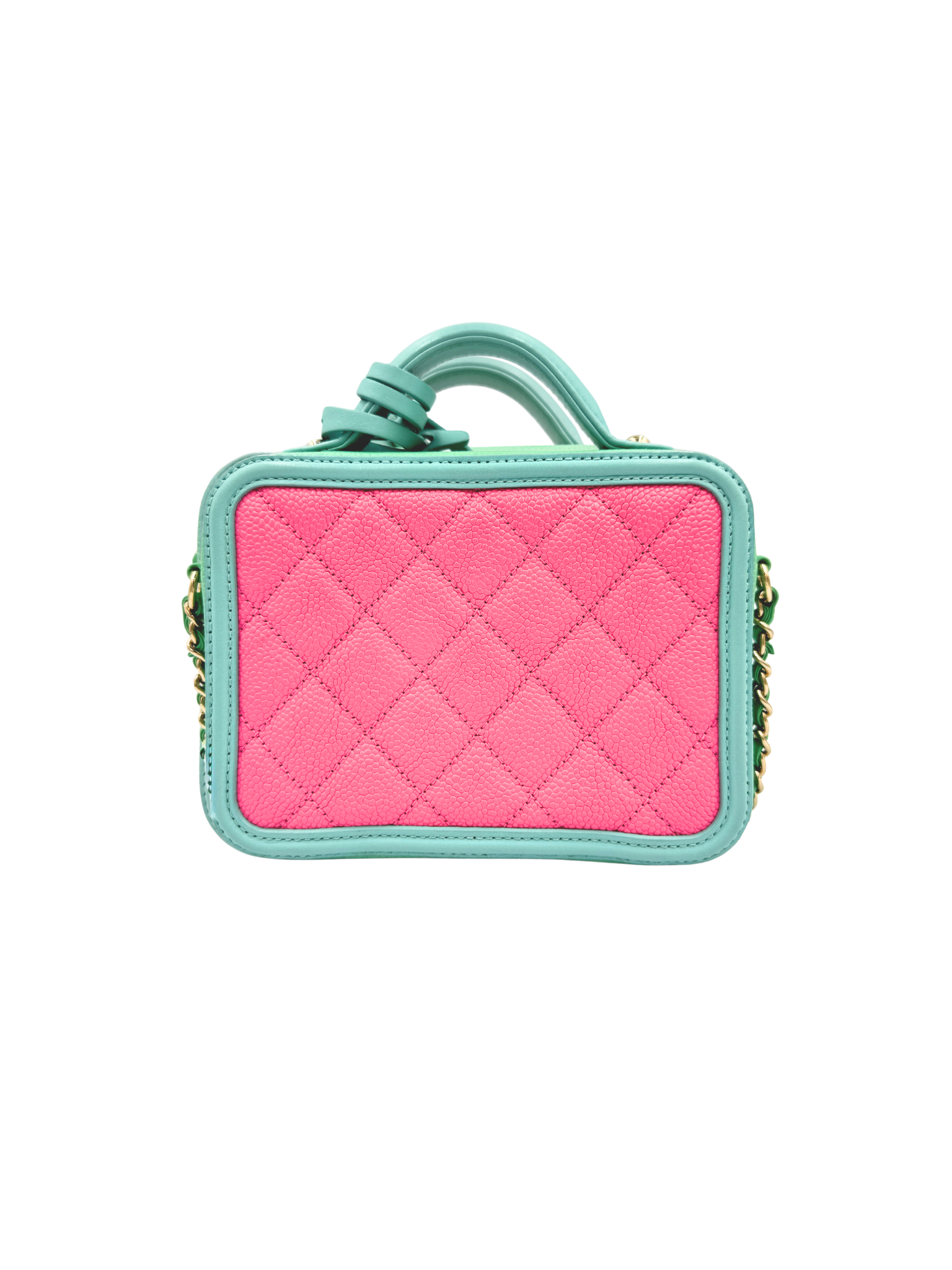 Small Tri-Color CC Classic Quilted Filigree Vanity Case Shoulder Bag in Pink/Green/Blue Caviar Leather