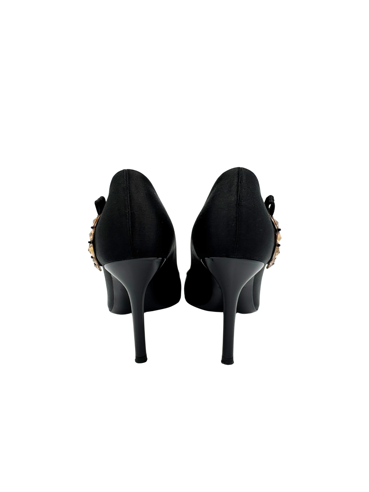 Size 37.5 Jeweled Open Toe Evening Sandals with Bow in Black Satin