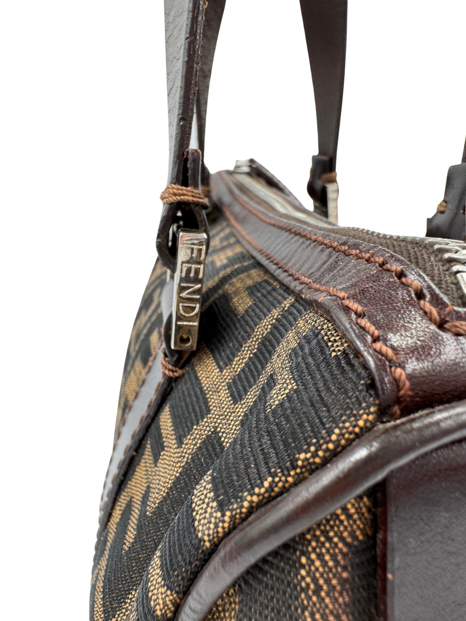 Vintage FF Zucca Boston Bag with Top Handle in Brown and Tan Monogram Canvas with Brown Leather Trim