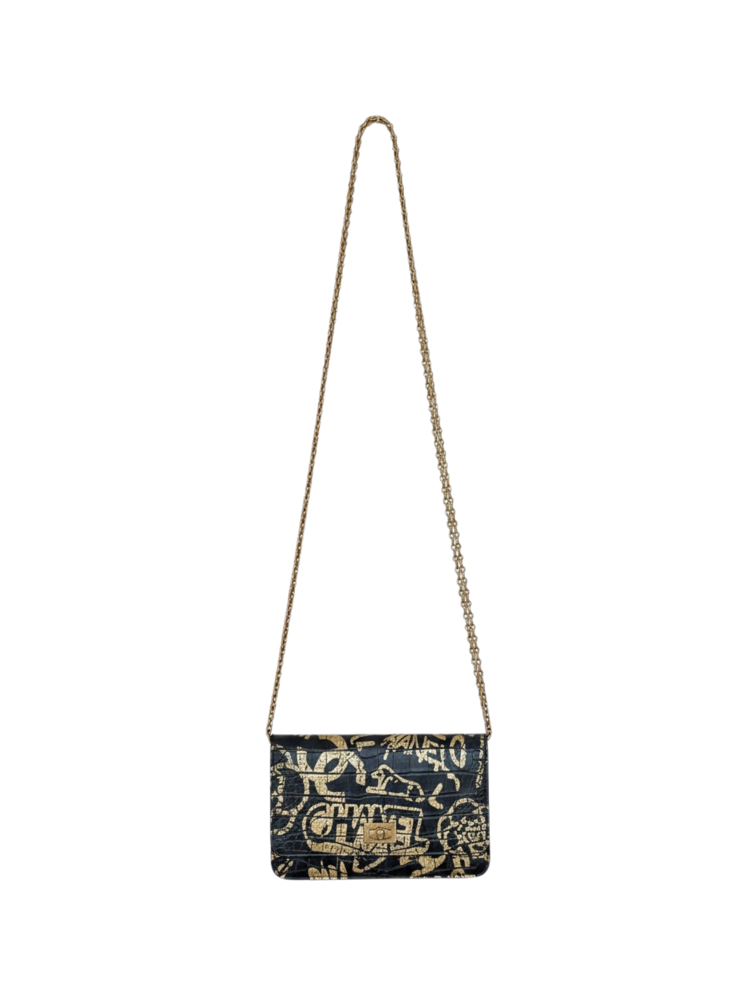 2019 Croc-Embossed Paris-New York Graffiti 2.55 Reissue Wallet on Chain in Black and Gold Leather