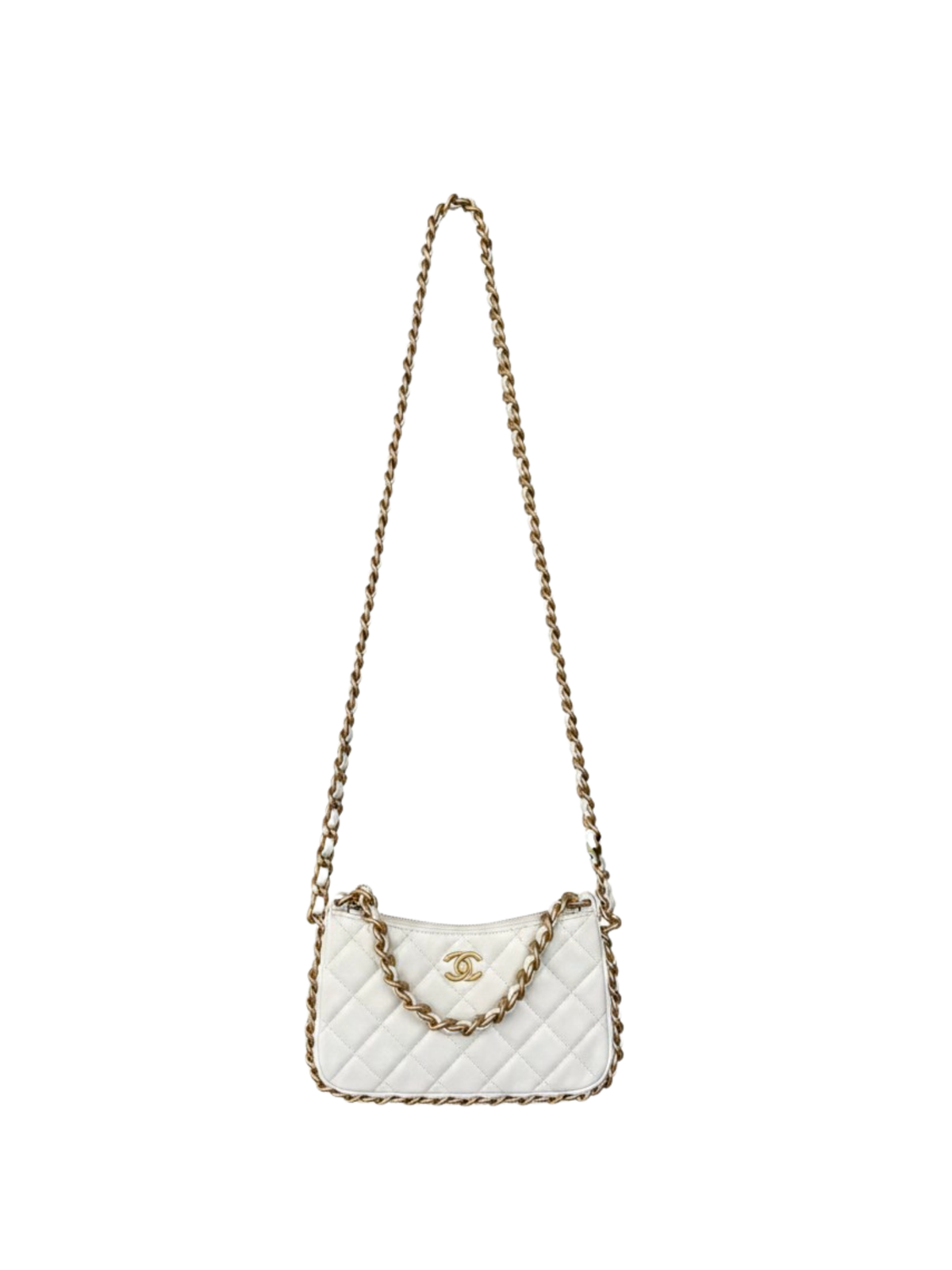 Classic Quilted Chain Around Trendy Hobo Shoulder Bag with Top Handle in White Lambskin Leather
