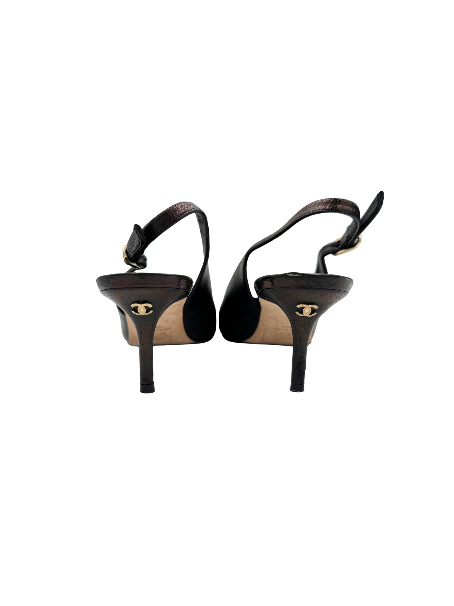 Size 39.5 Classic CC Cap-Toe Pointed Toe Slingback Pumps in Metallic Brown Leather