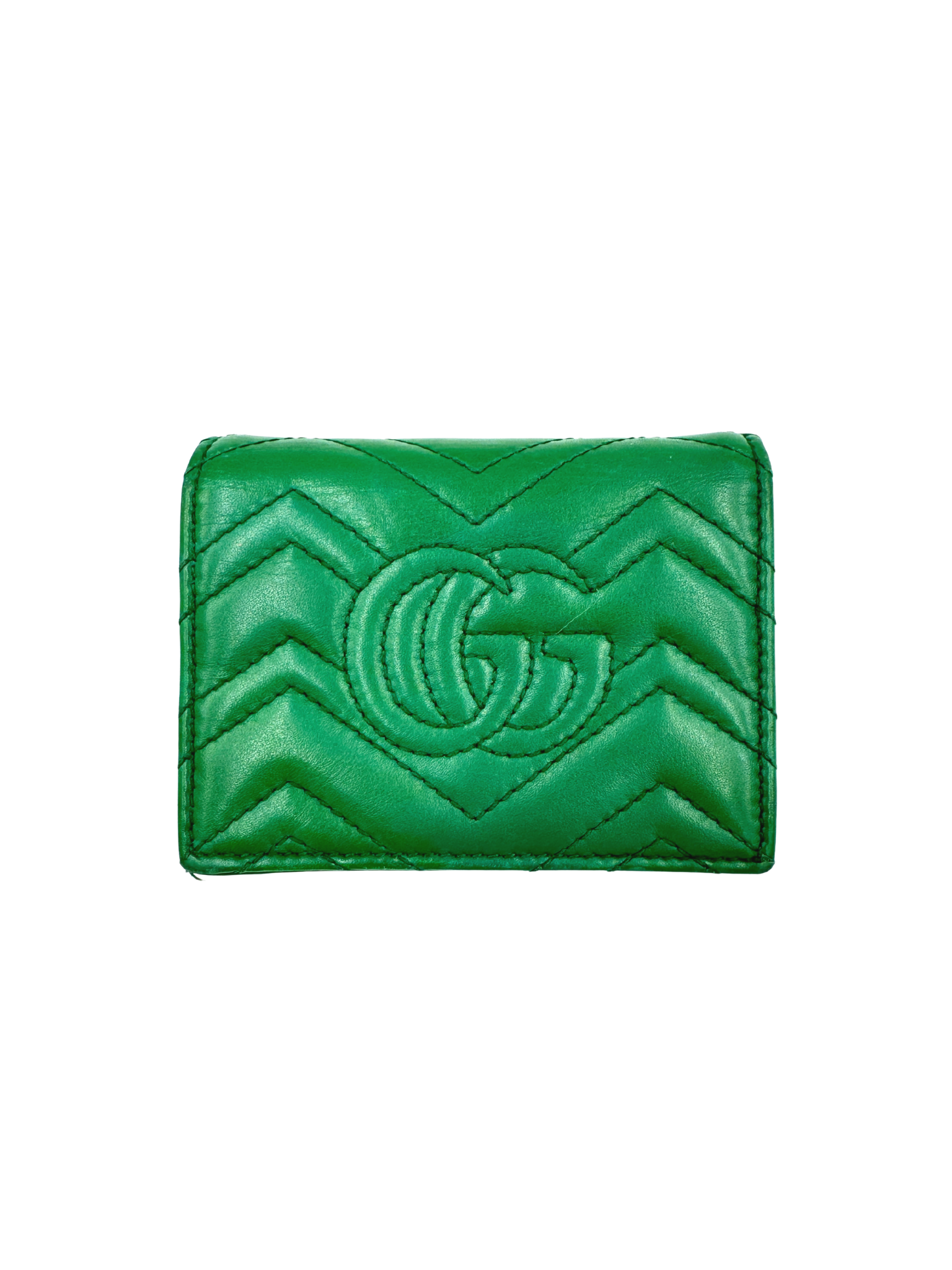 GG Marmont Chevron Matelasse Quilted Foldover Card Holder Wallet in Green Leather