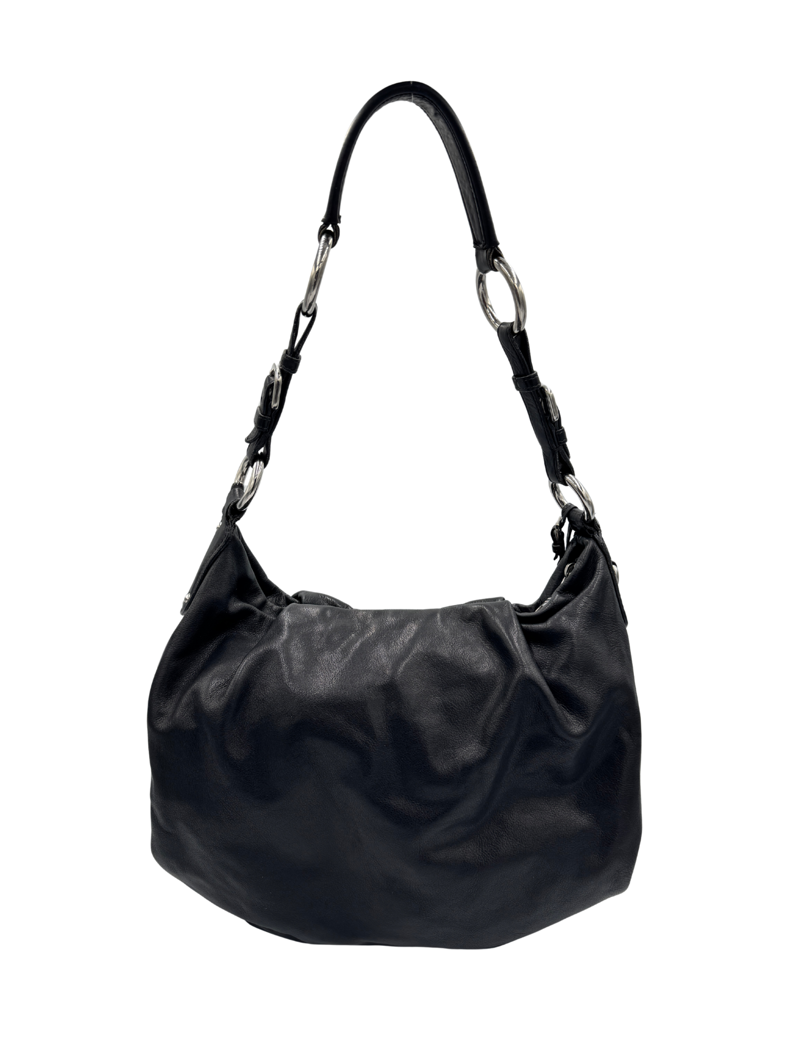 Hobo Shoulder Bag w/ Detachable Bag Charm in Black Aged Leather