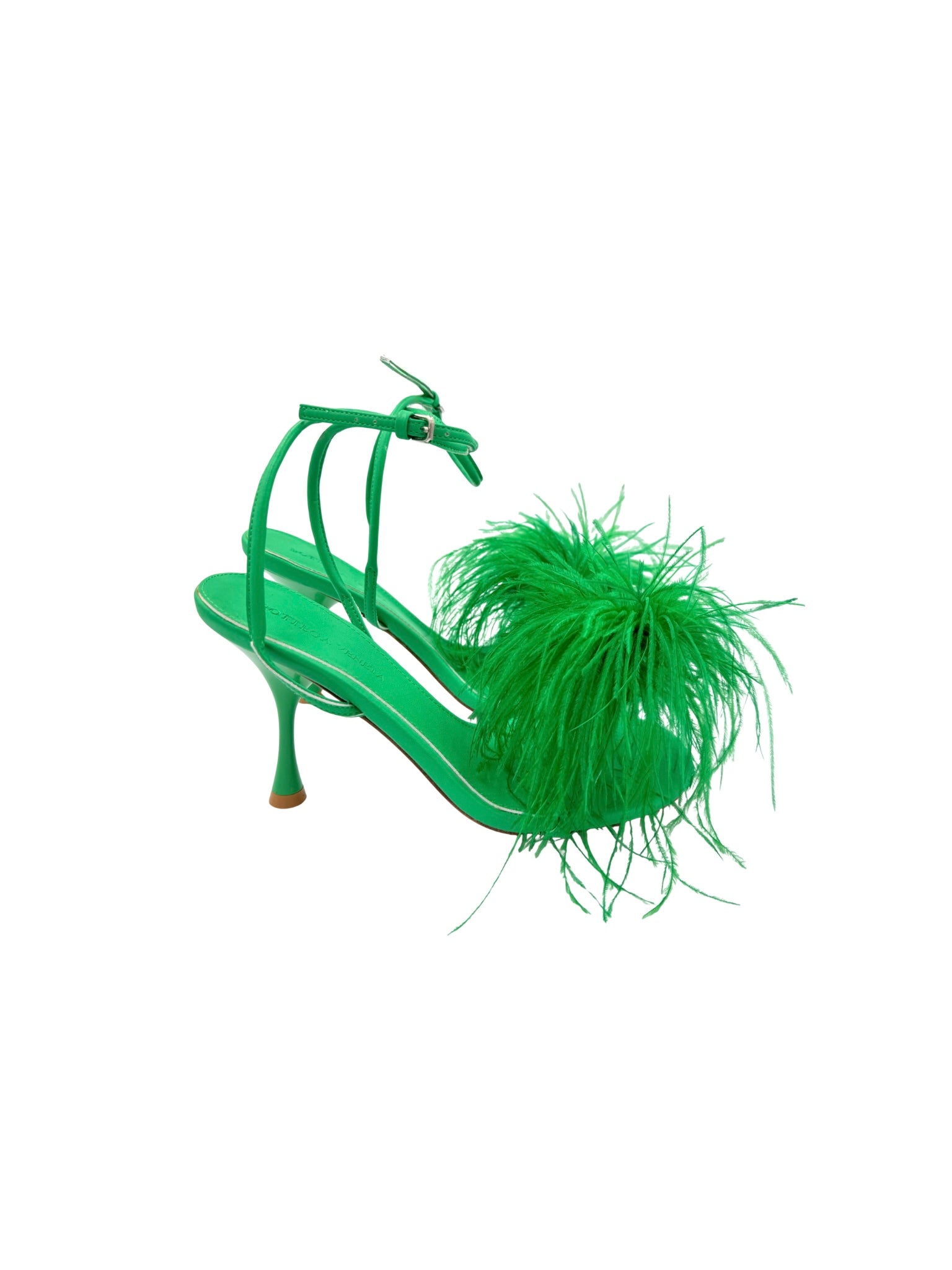 Size 40 Strappy Feather Pom Sandals in Green Smooth Leather
