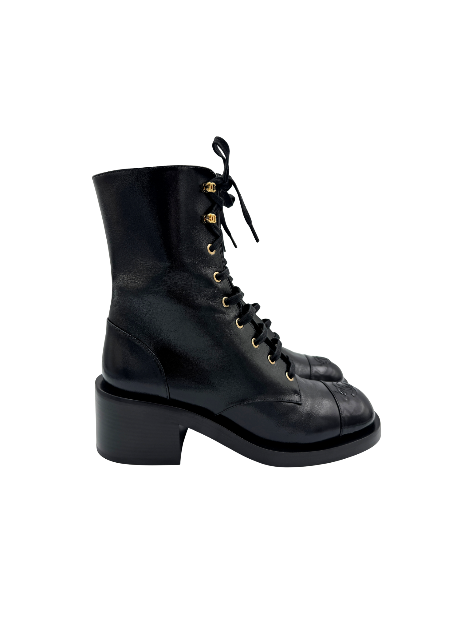 Size 40 2025 CC Combat Boots in Black Lambskin Leather with Patent Leather Accents