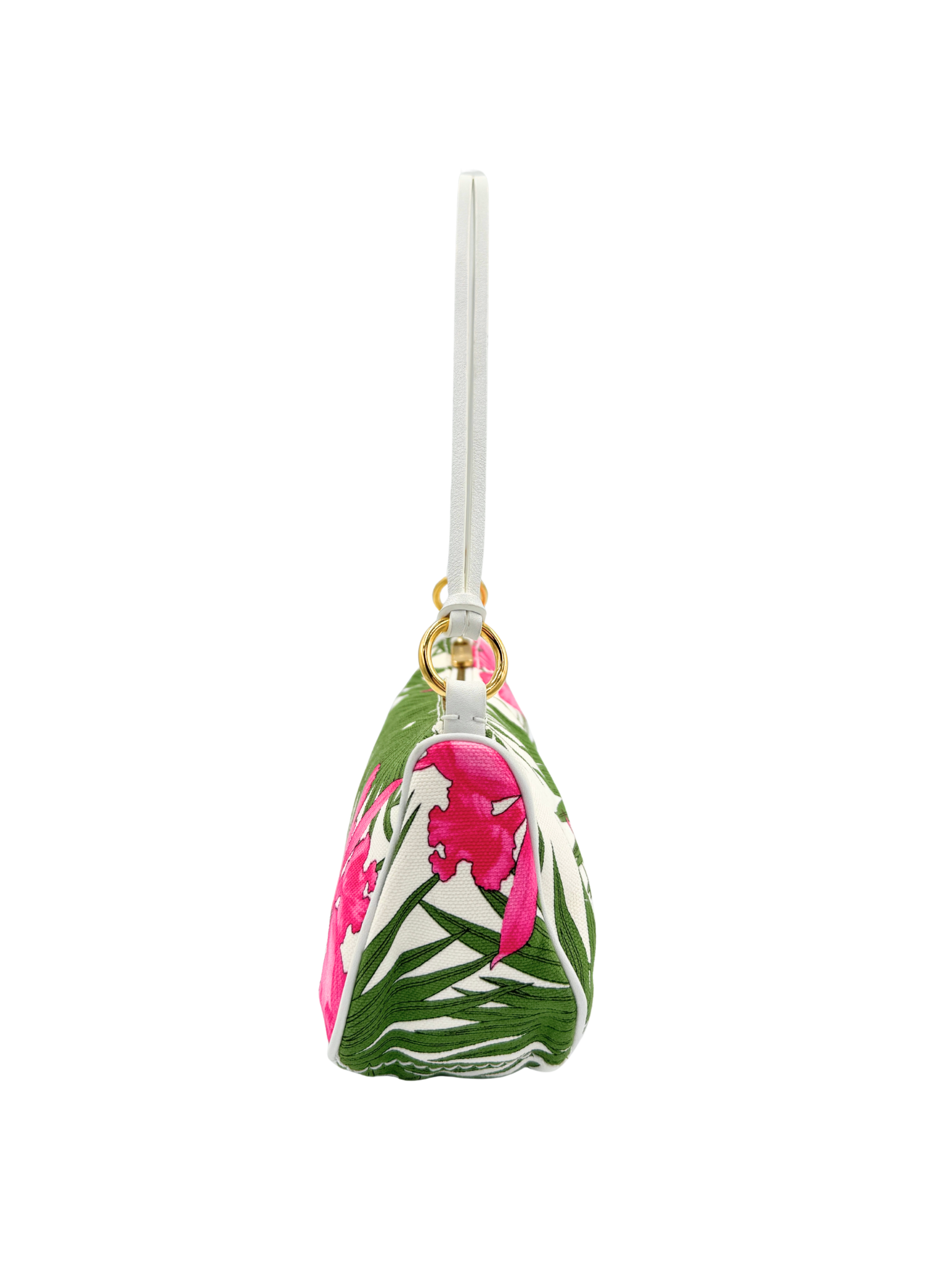 Triomphe Tropical Hibiscus Print Shoulder Bag Pochette in Pink and Green Canvas