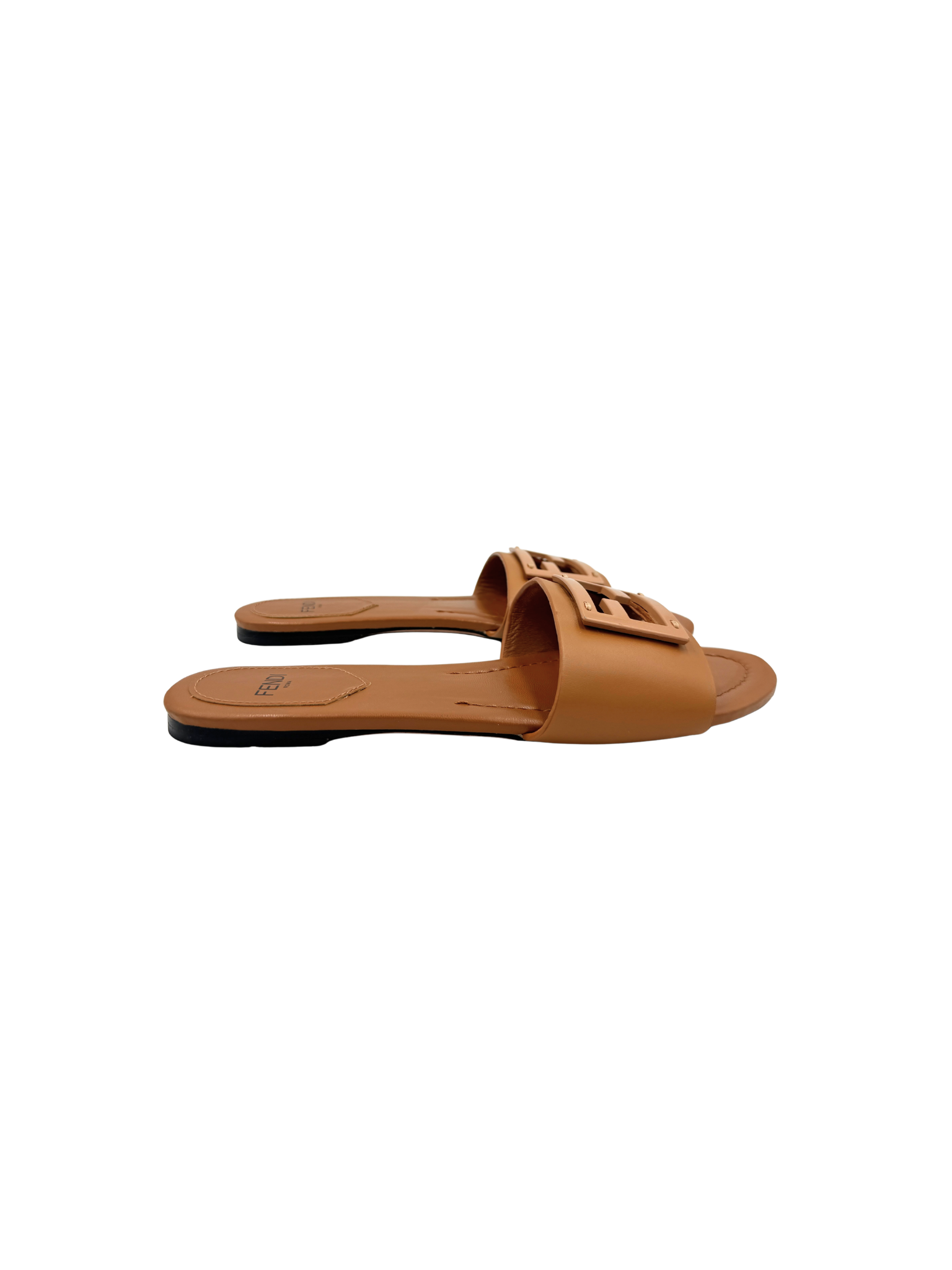 Size 39 FF Baguette Flat Slide Sandals in Brown Leather