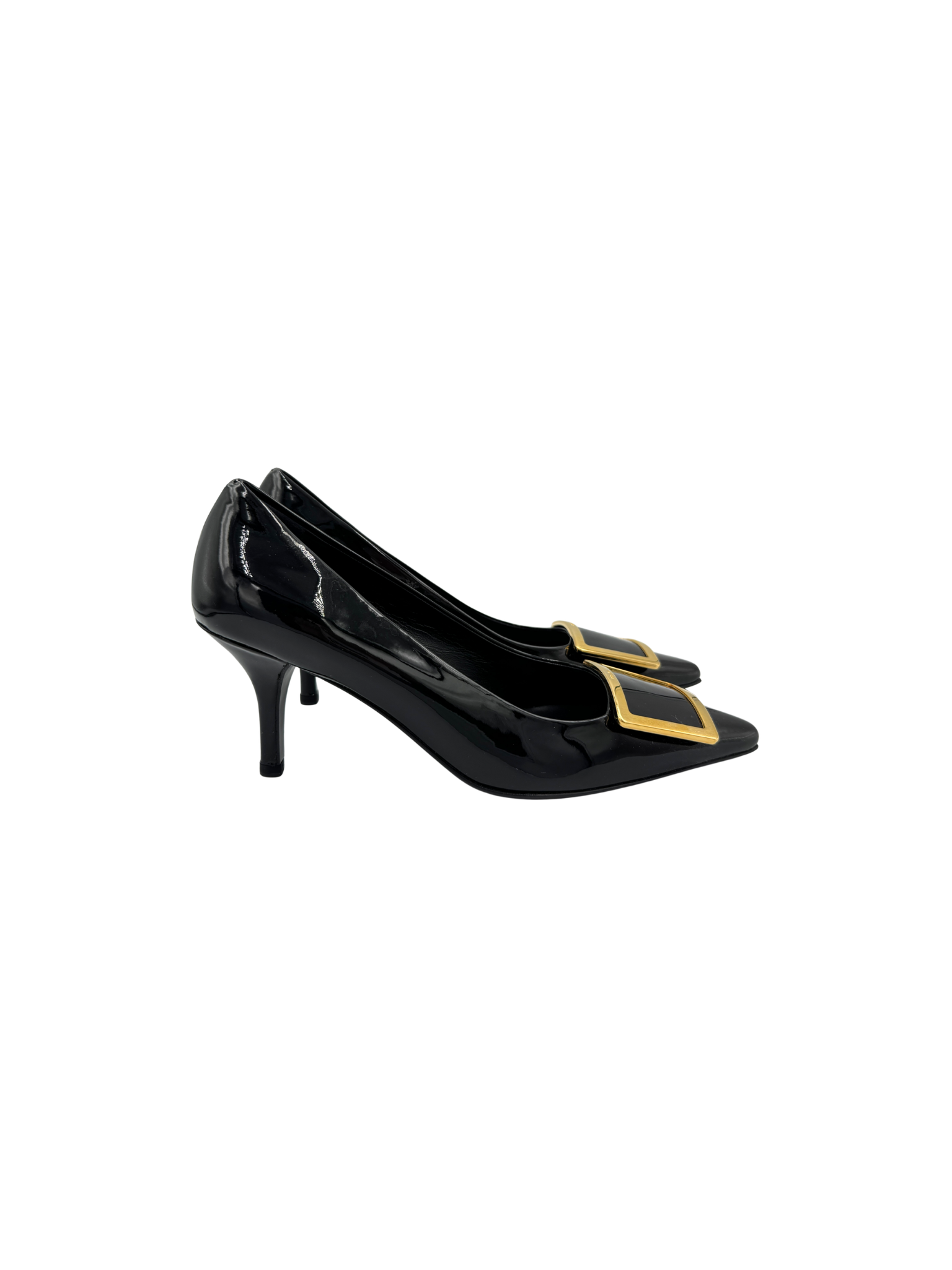 Size 36.5 Pointed Toe Pumps with Square Buckle in Black Leather