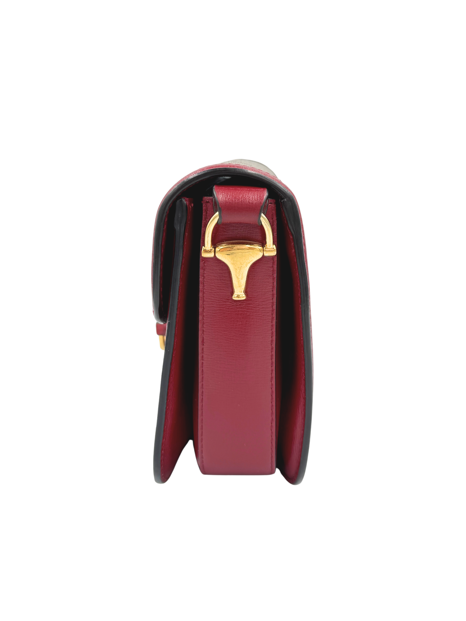 1955 Horsebit Shoulder Bag in Brown and Tan Monogram GG Supreme Coated Canvas with Burgundy Leather Trim (Copy)