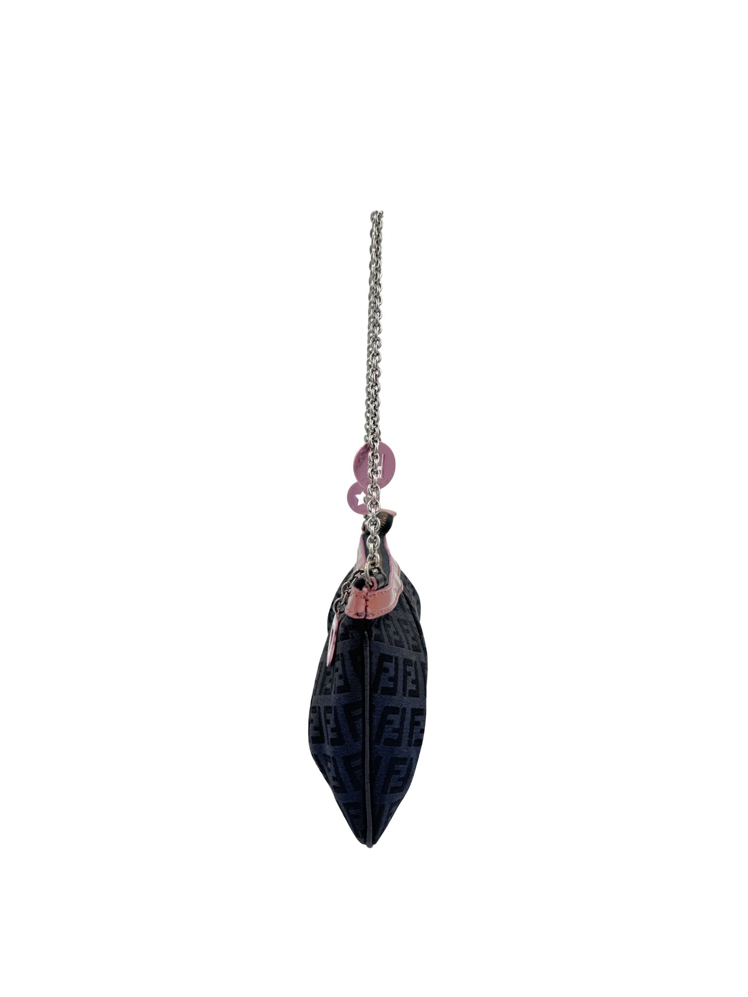 Vintage Zucchino FF Pochette Shoulder Bag with Fendi Strap Charms in Black Monogram Logo Jacquard Fabric with Pink Trim