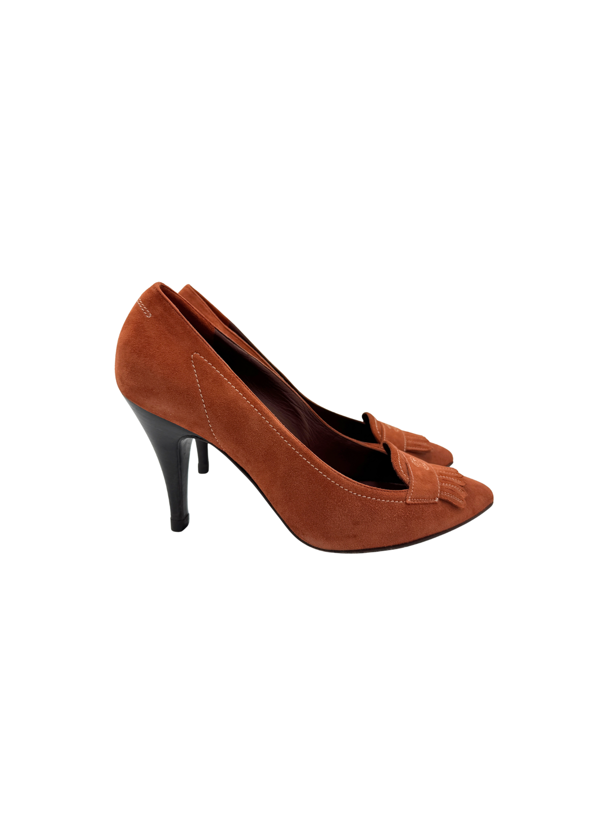 Size 37.5 Vintage Karl Lagerfeld Era CC Pointed Toe Pumps with Fringe in Burnt Orange Suede