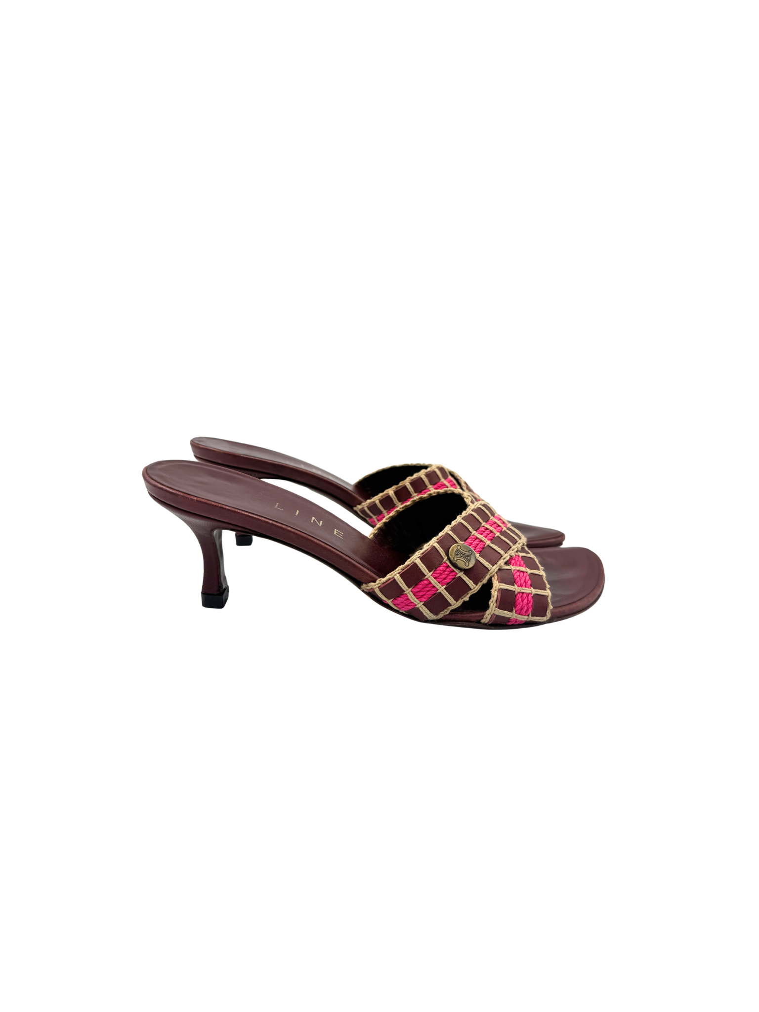 Size 37 Vintage Triomphe CC Logo Crochet Strappy Mule Sandals in Burgundy Red Leather with Pink Accents