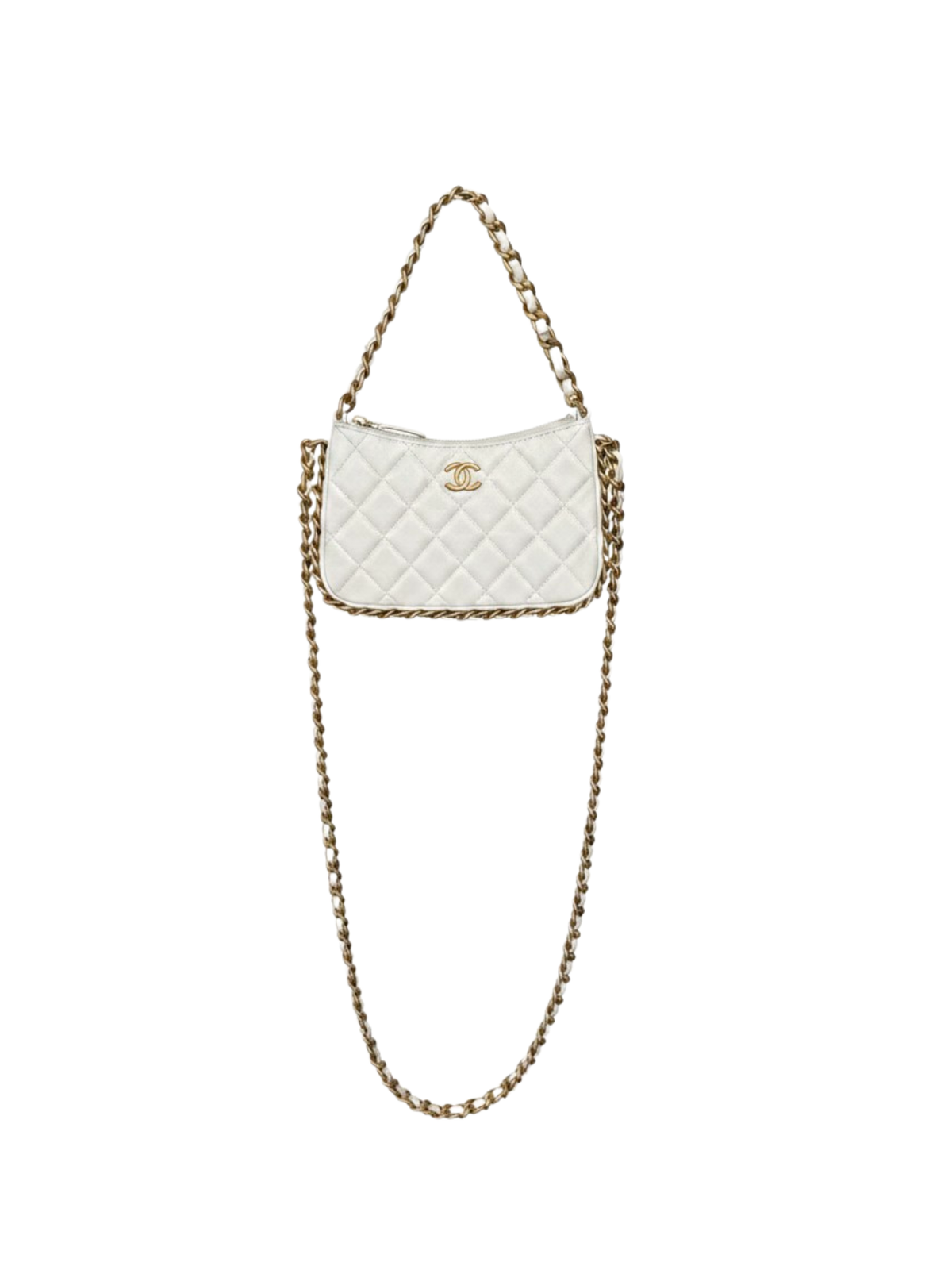 Classic Quilted Chain Around Trendy Hobo Shoulder Bag with Top Handle in White Lambskin Leather