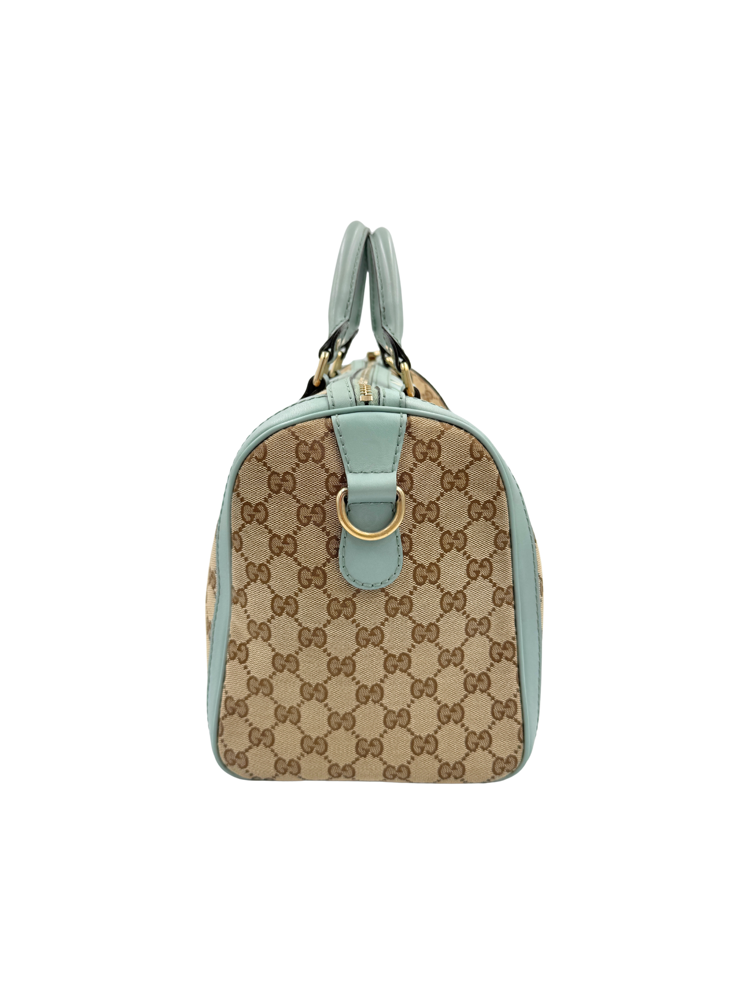 Striped GG Boston Bag with Top Handle in Brown and Tan Monogram GG Supreme Canvas with Blue and Green Accents