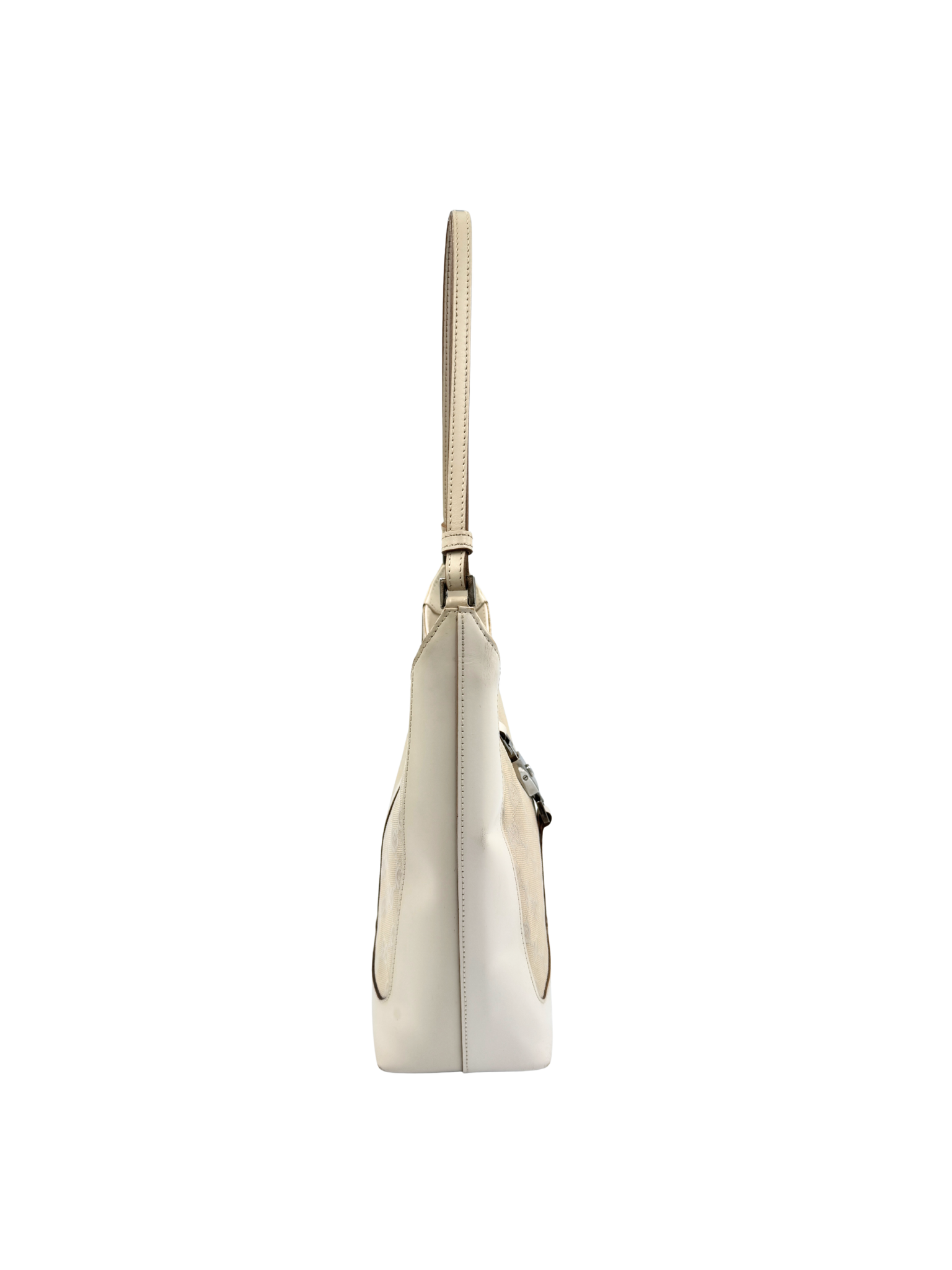 Vintage Jackie Structured Hobo Shoulder Bag in Ivory Monogram GG Supreme Canvas with White Leather Trim