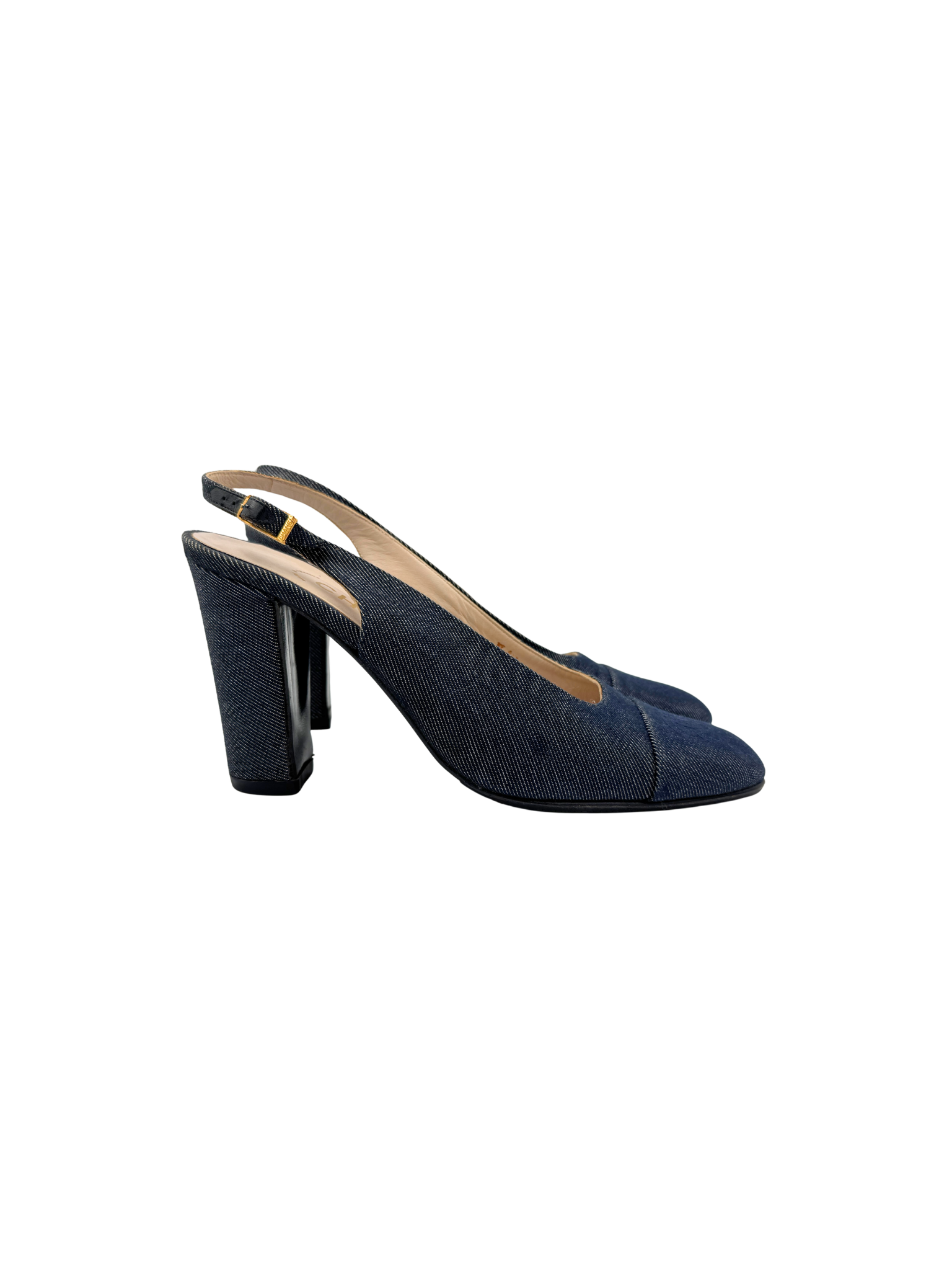 Size 37.5 Vintage Karl Lagerfeld Era CC Logo Slingback Heels in Navy Denim