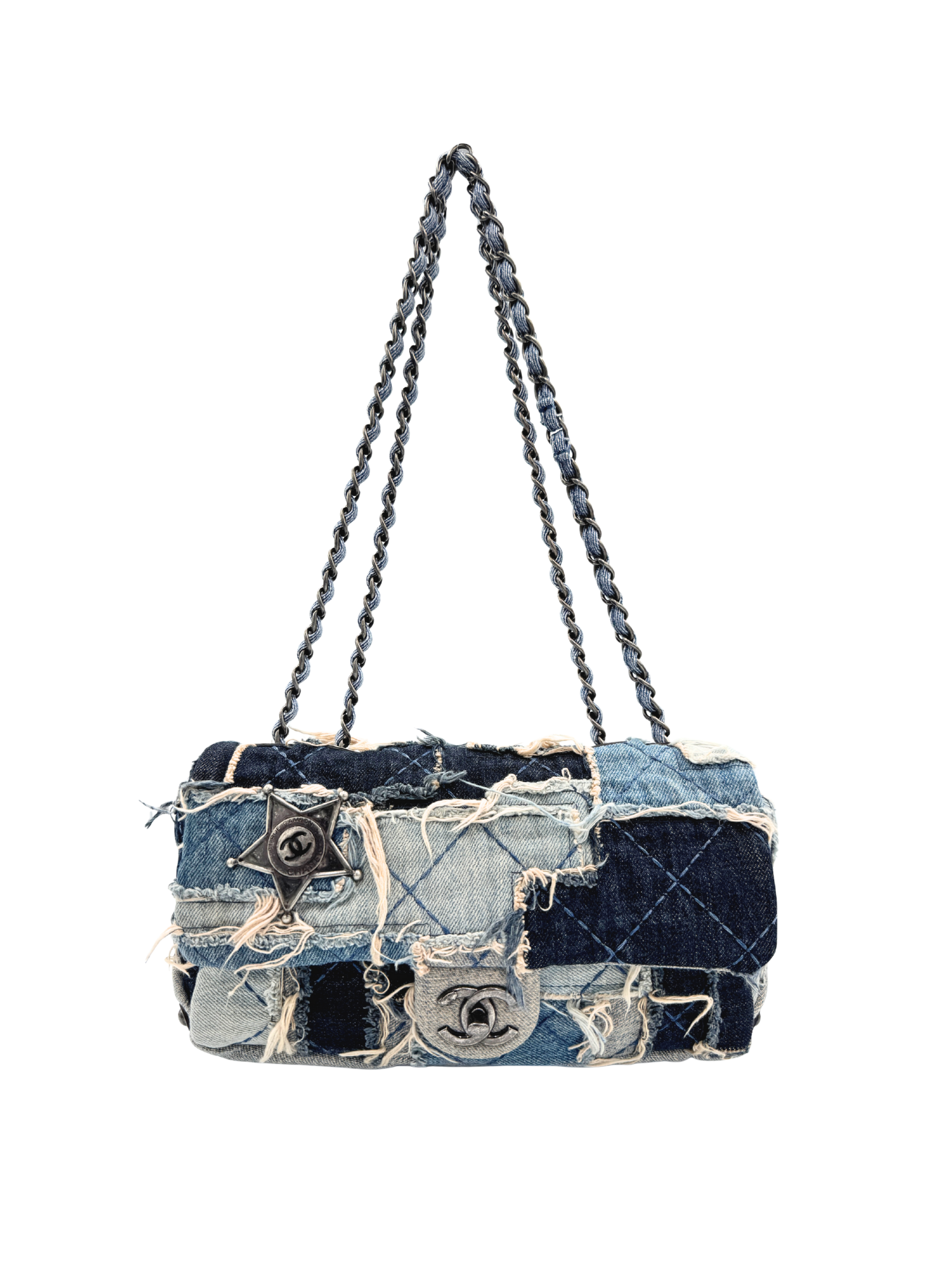 Paris Dallas Collection East-West Classic Flap Shoulder Bag in Patchwork Denim