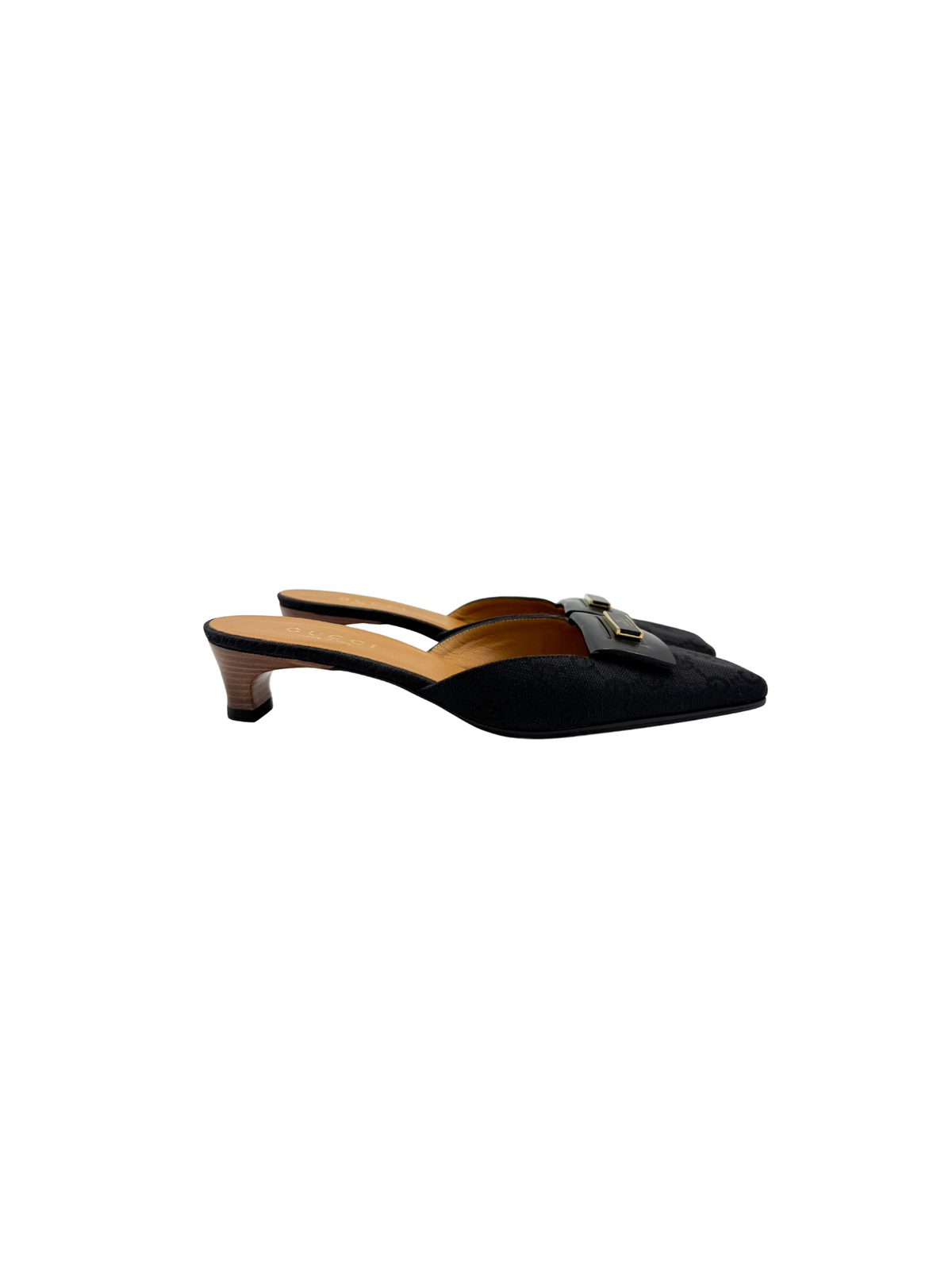 Size 36 Vintage Logo Plate Square Toe Slip-On Mules in Black Monogram GG Supreme Canvas