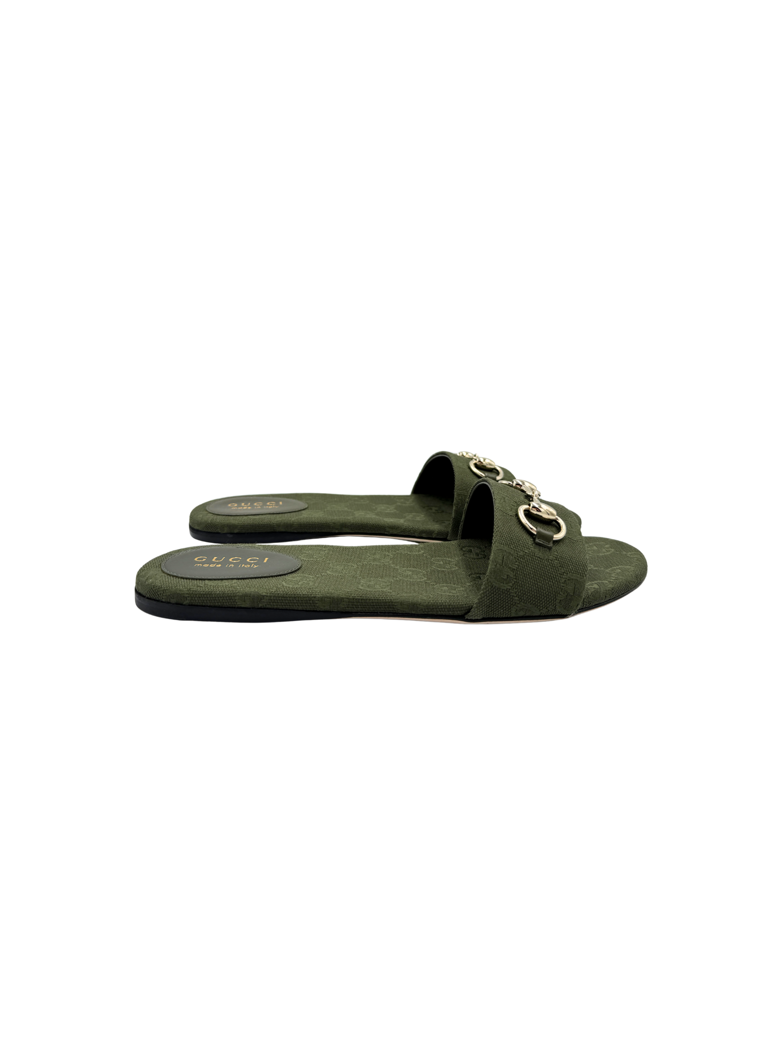 Size 39 Horsebit GG Supreme Flat Slide Sandals in Green Monogram Canvas