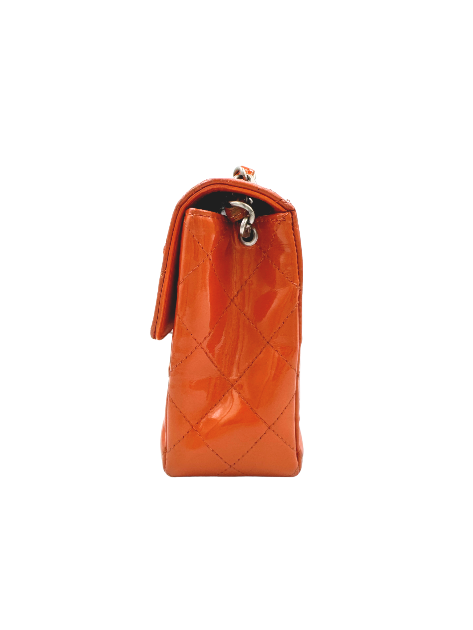 Vintage Karl Lagerfeld Era Square Mini Classic Flap Bag with CC Turnlock in Orange Patent Leather