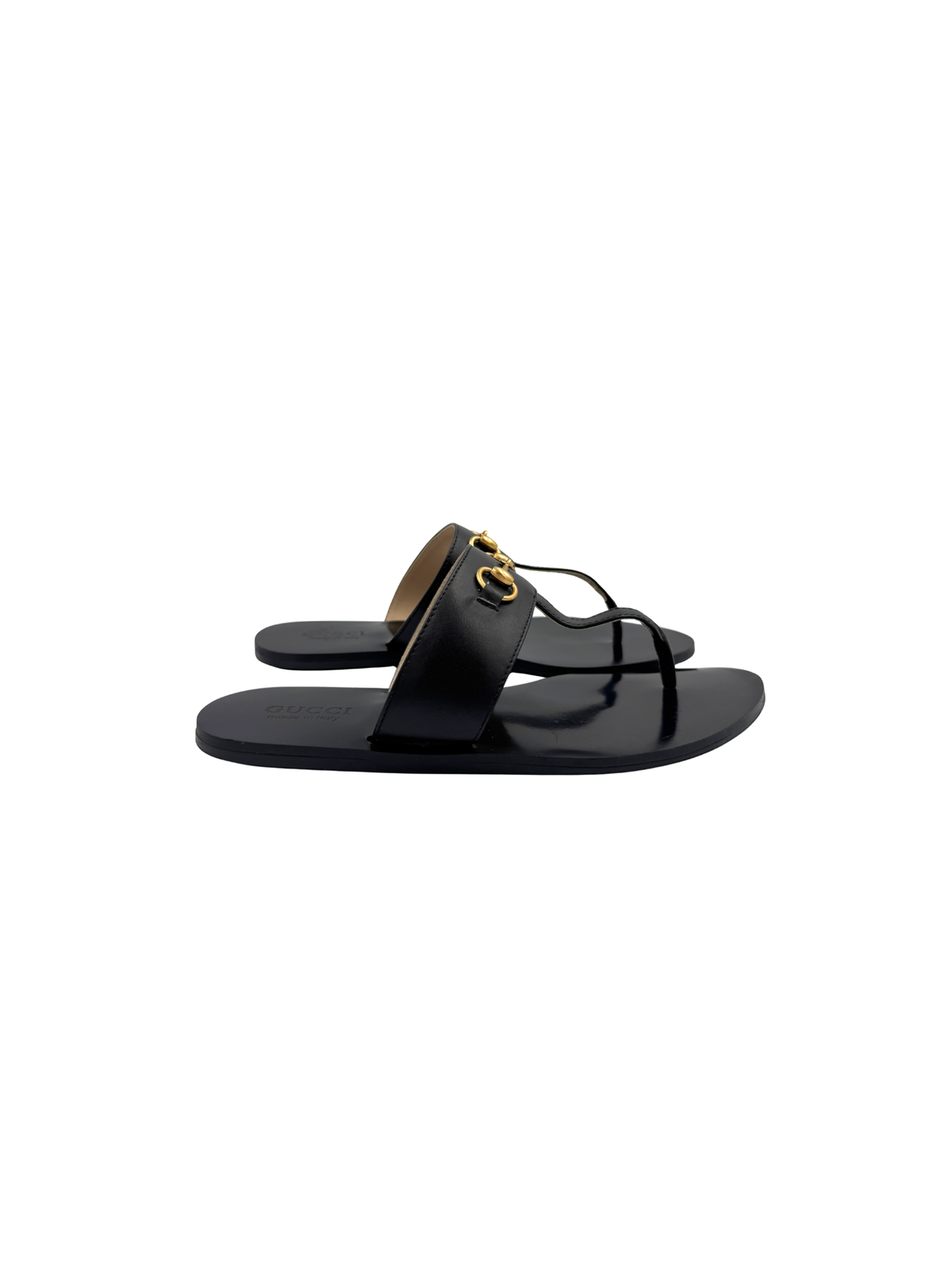 Size 39 Horsebit Flat Slide Thong Sandals in Black Leather