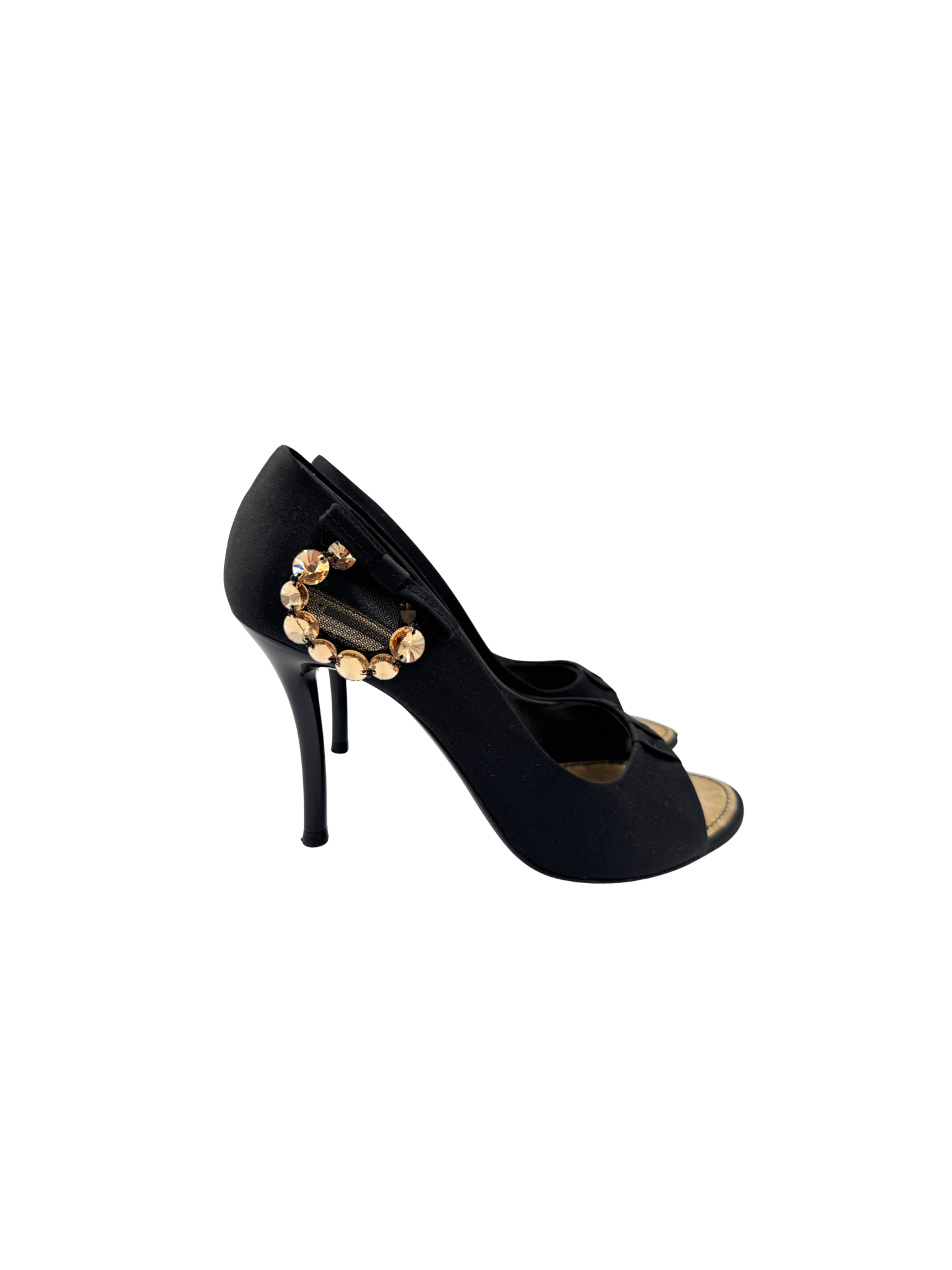 Size 37.5 Jeweled Open Toe Evening Sandals with Bow in Black Satin