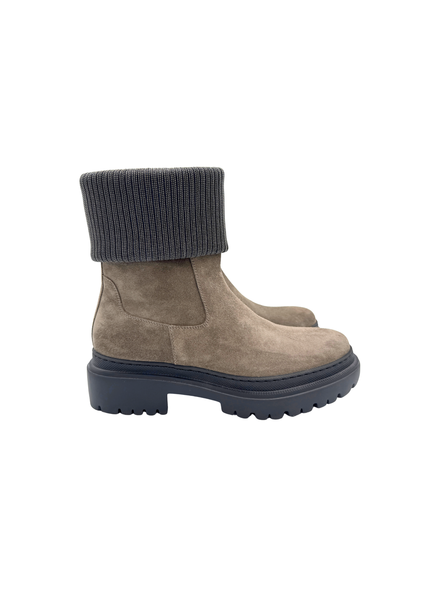 Size 40 Ankle Boots with Monili Trim Ribbed Cuff in Grey Suede