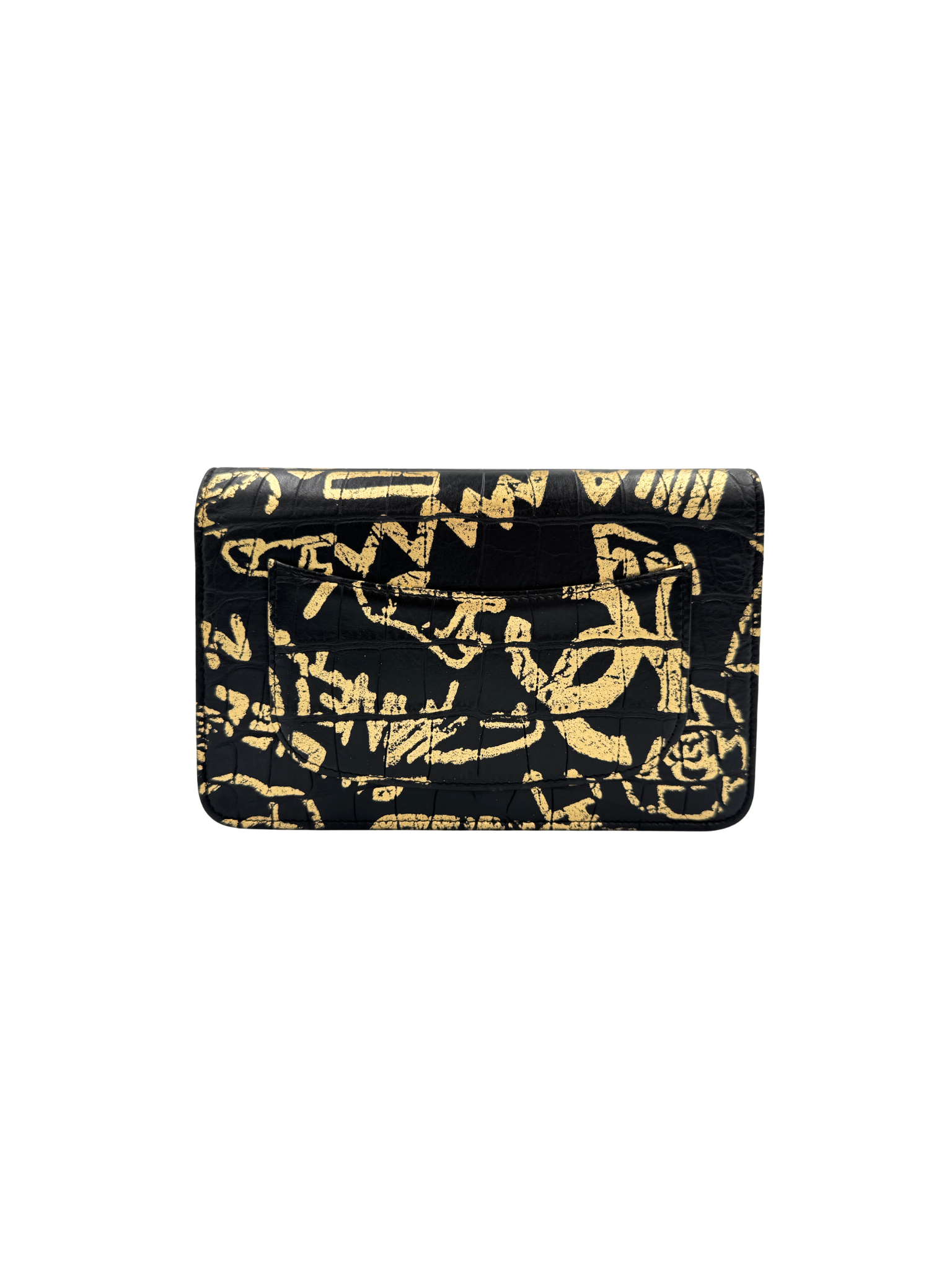 2019 Croc-Embossed Paris-New York Graffiti 2.55 Reissue Wallet on Chain in Black and Gold Leather
