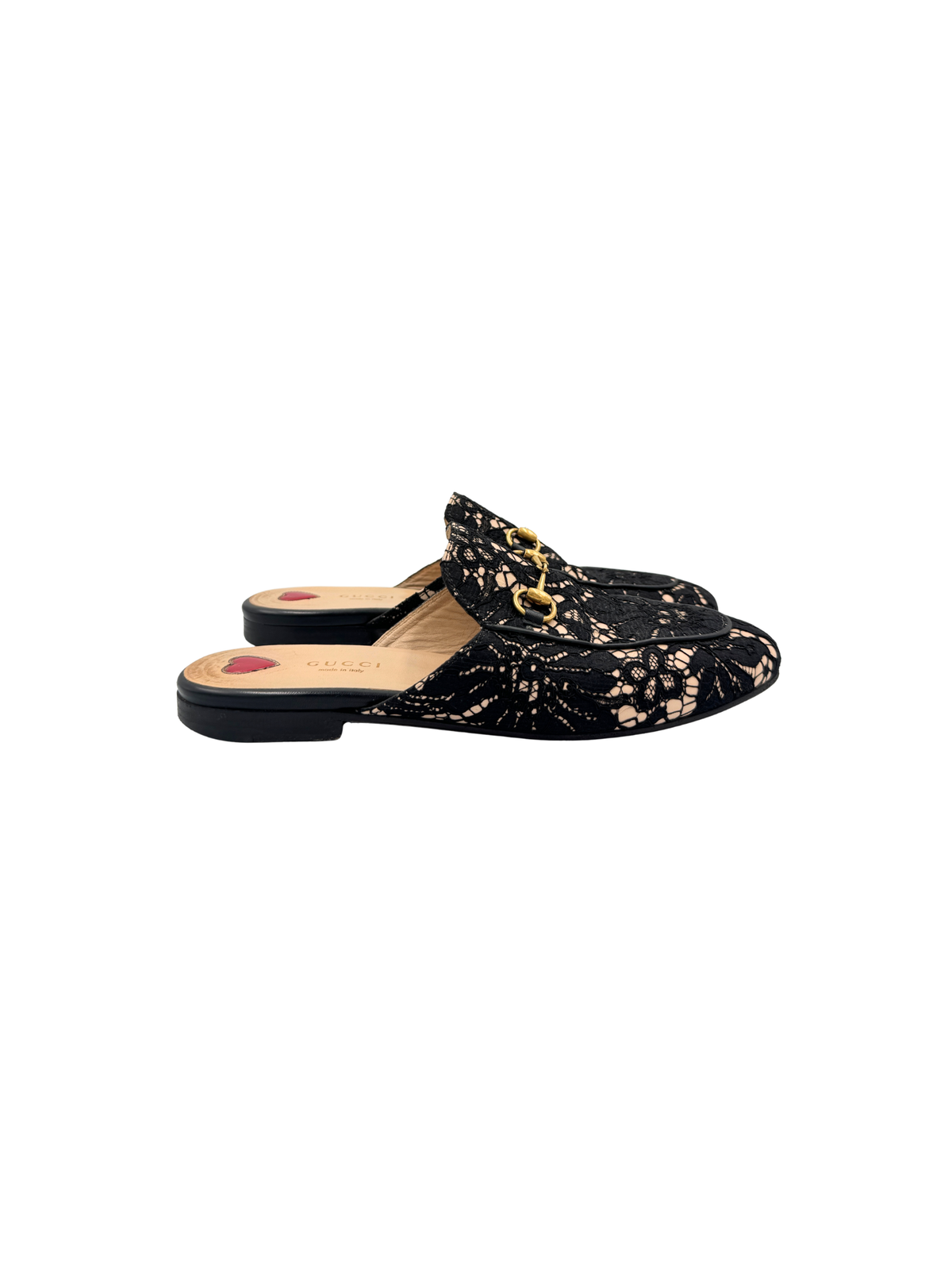 Size 38 Horsebit Princetown Flat Slide Mule Loafers in Black and Ivory Lace