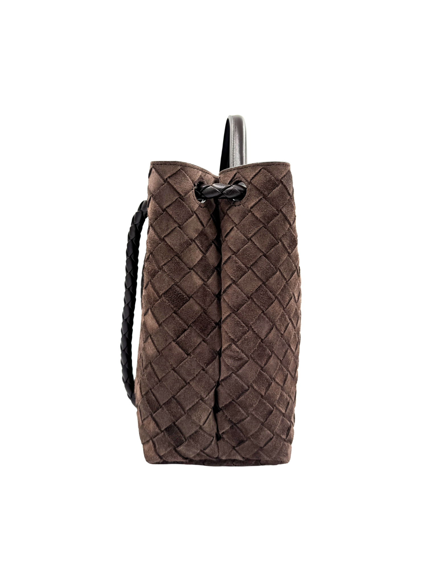 Medium Andiamo Shoulder Bag with Top Handle in Fondant Brown Intrecciato Suede