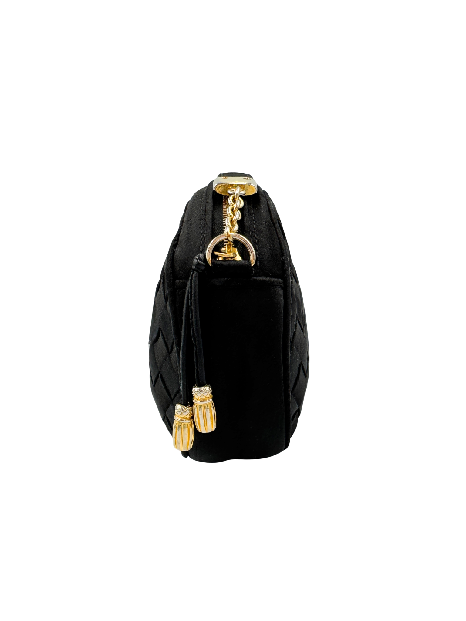 Vintage Camera Shoulder Bag in Black Intrecciato Woven Satin