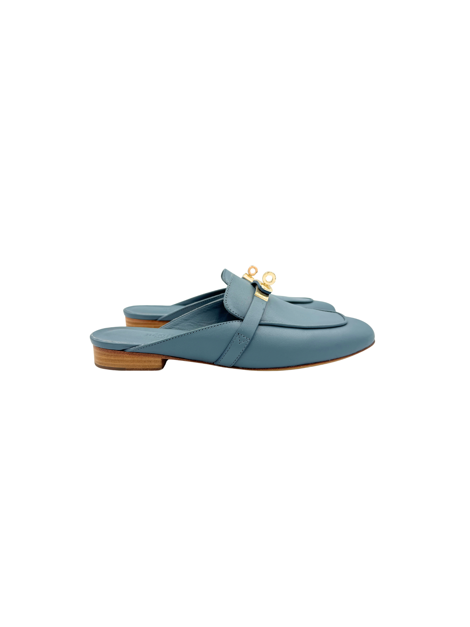 Size 37 Oz Mules with Kelly Buckle in Blue Calfskin Leather