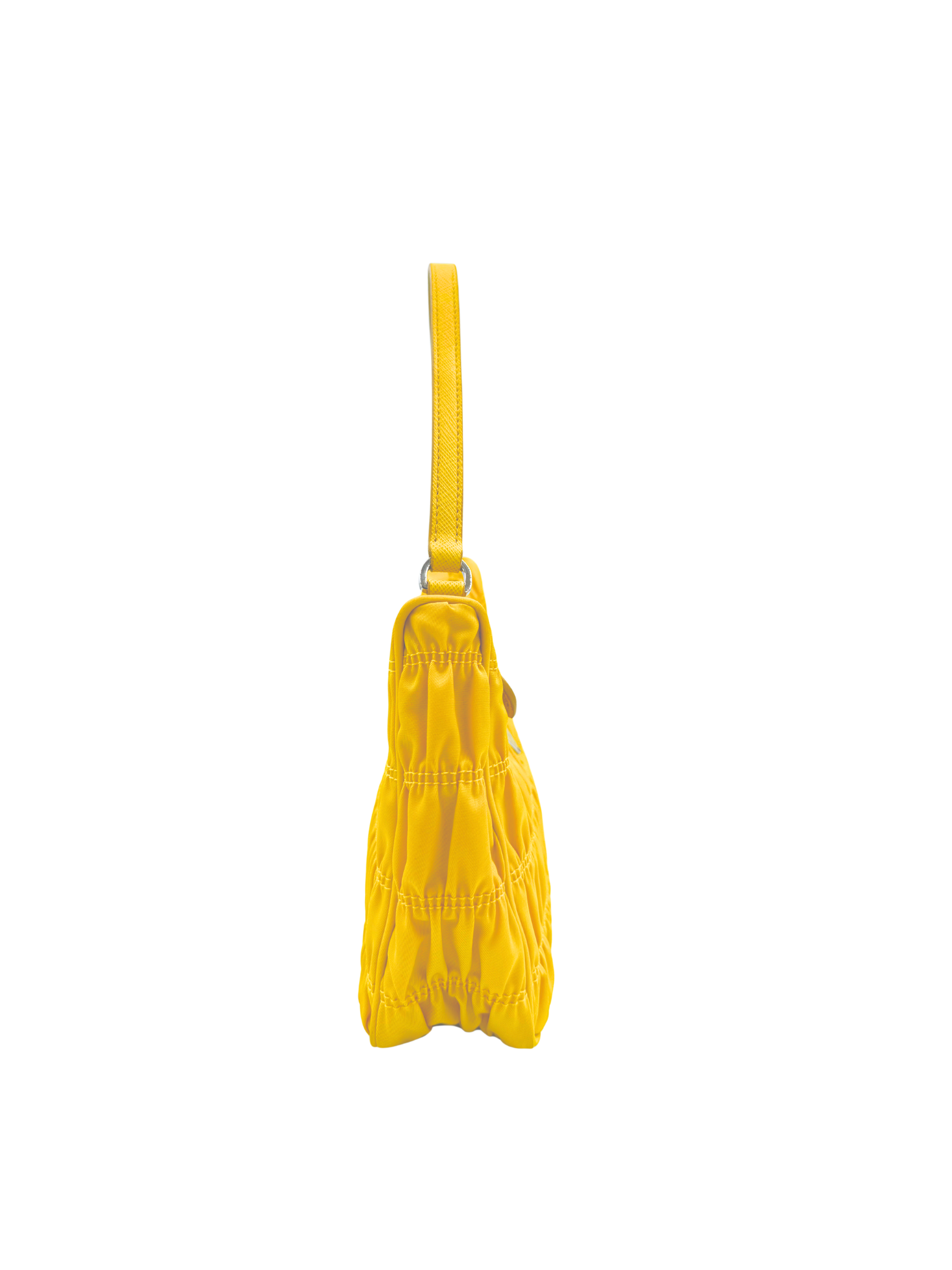 Ruched Shoulder Bag with Triangle Logo Plate in Yellow Nylon