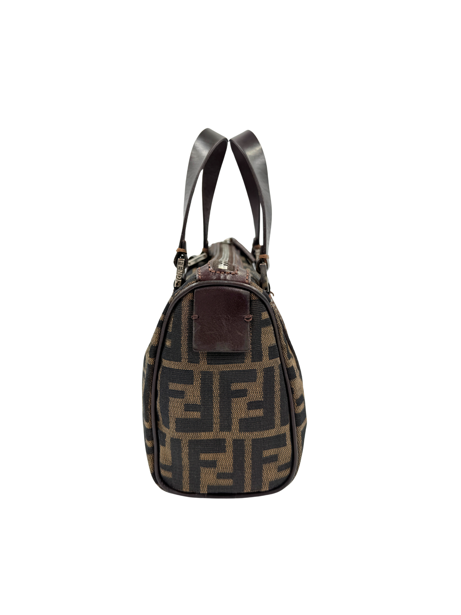Vintage FF Zucca Boston Bag with Top Handle in Brown and Tan Monogram Canvas with Brown Leather Trim
