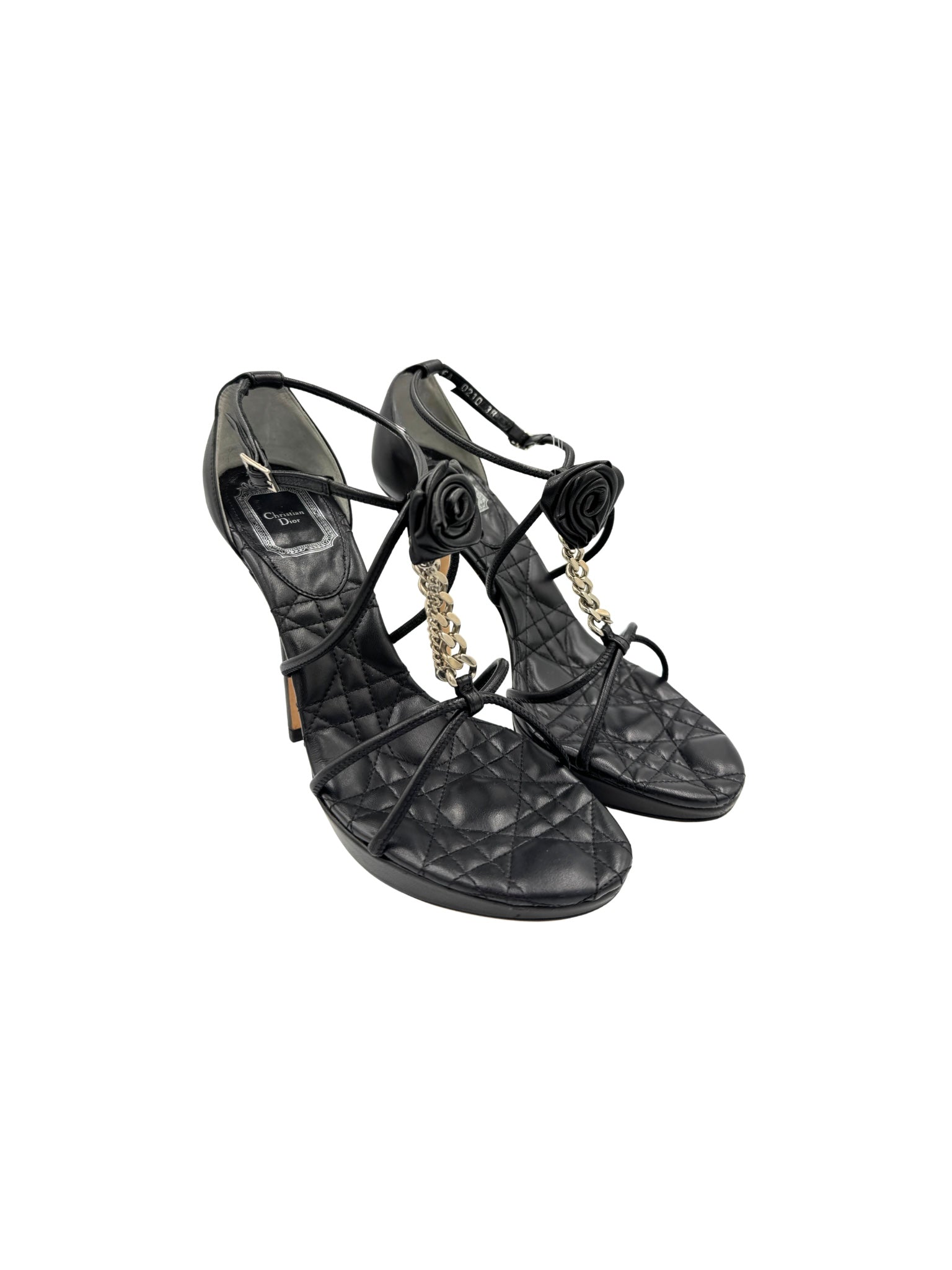 Size 38 Quilted Cannage Flower Chain Strap High Heel Sandals in Black Leather