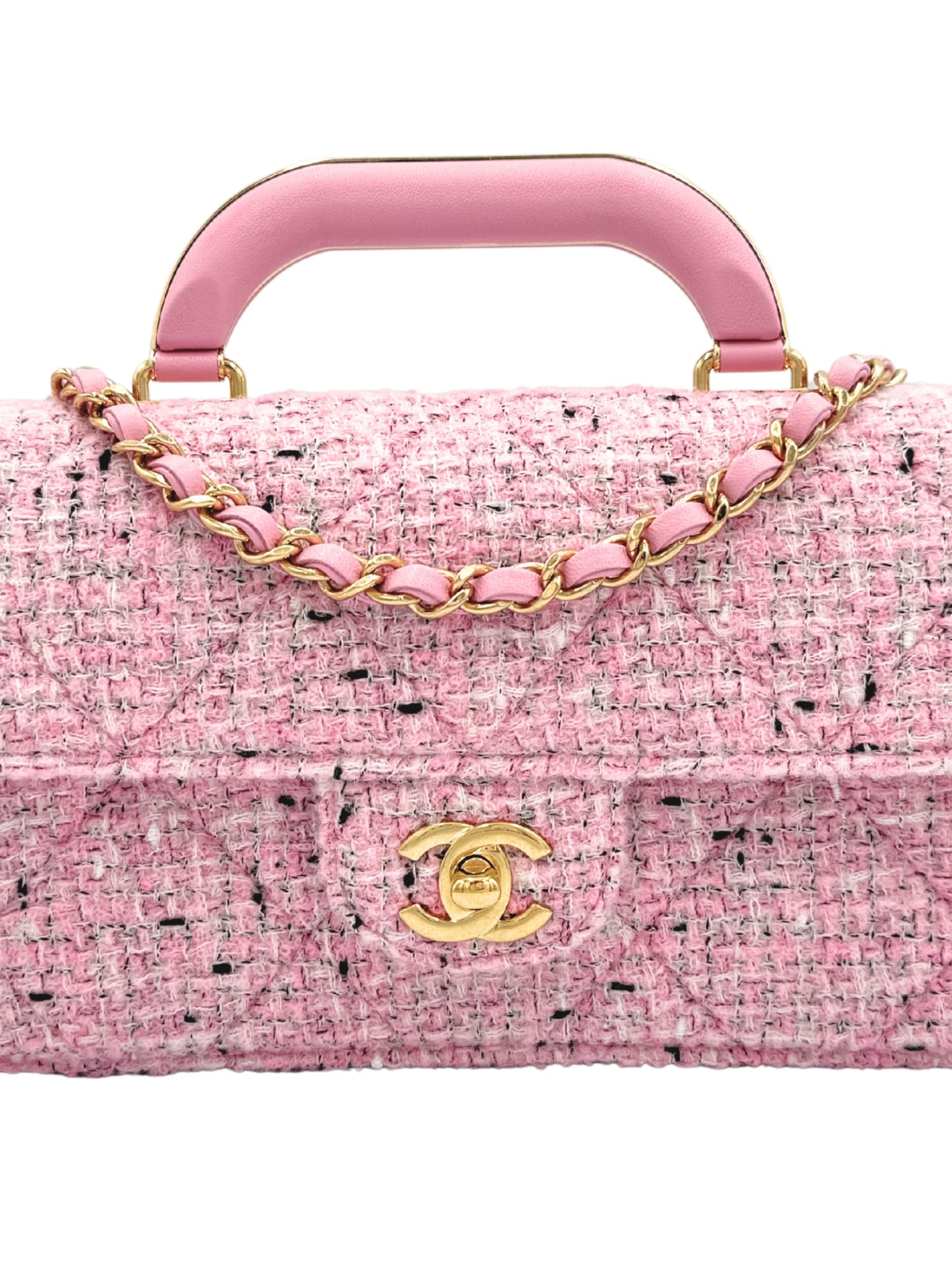 Chanel East-West Classic Flap Clutch Shoulder Bag in Pink Tweed
