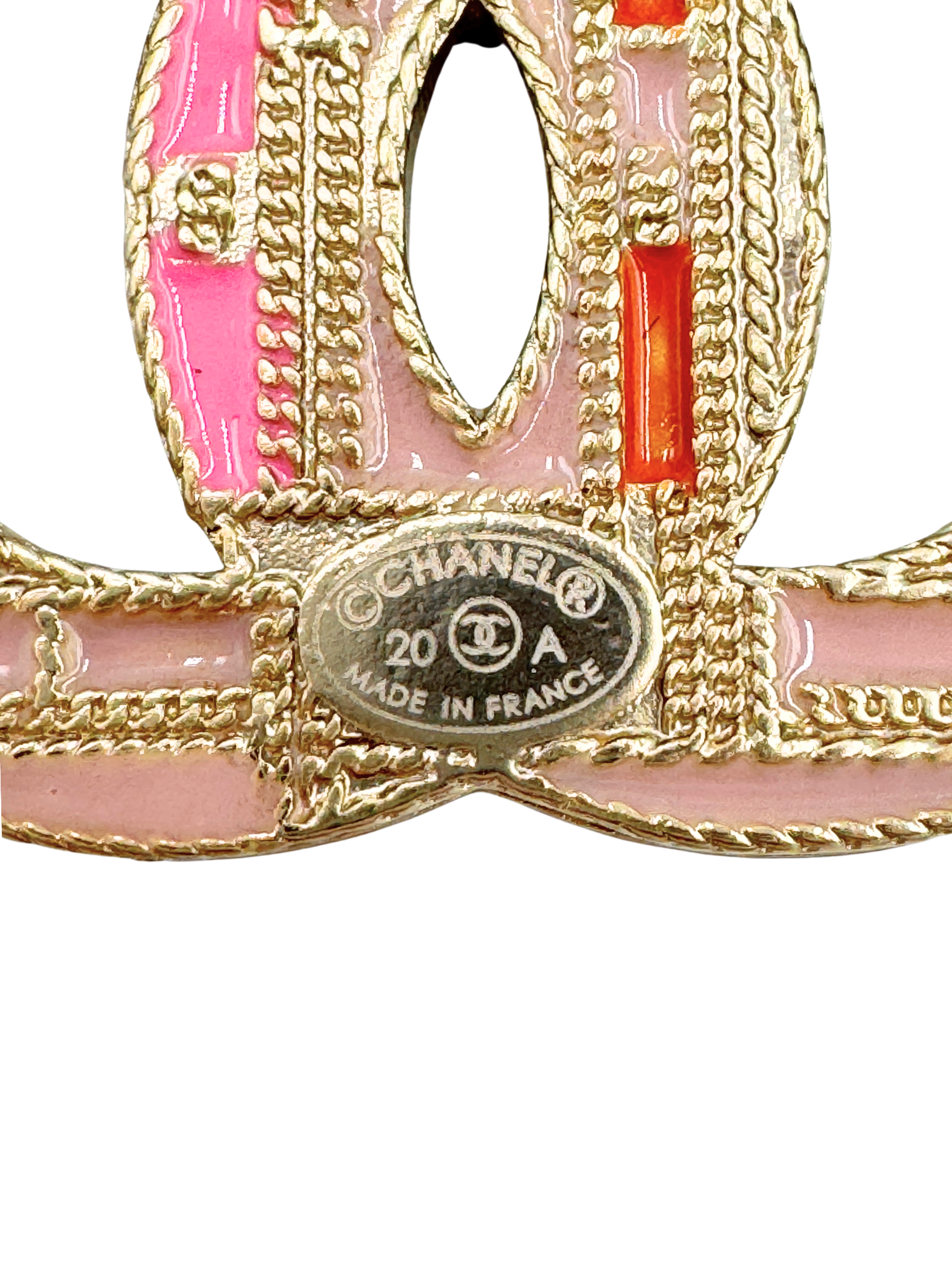 2020 CC Pearl & Crystal-Embellished Drop Earrings in Champagne Gold Hardware with Pink/Orange Enamel