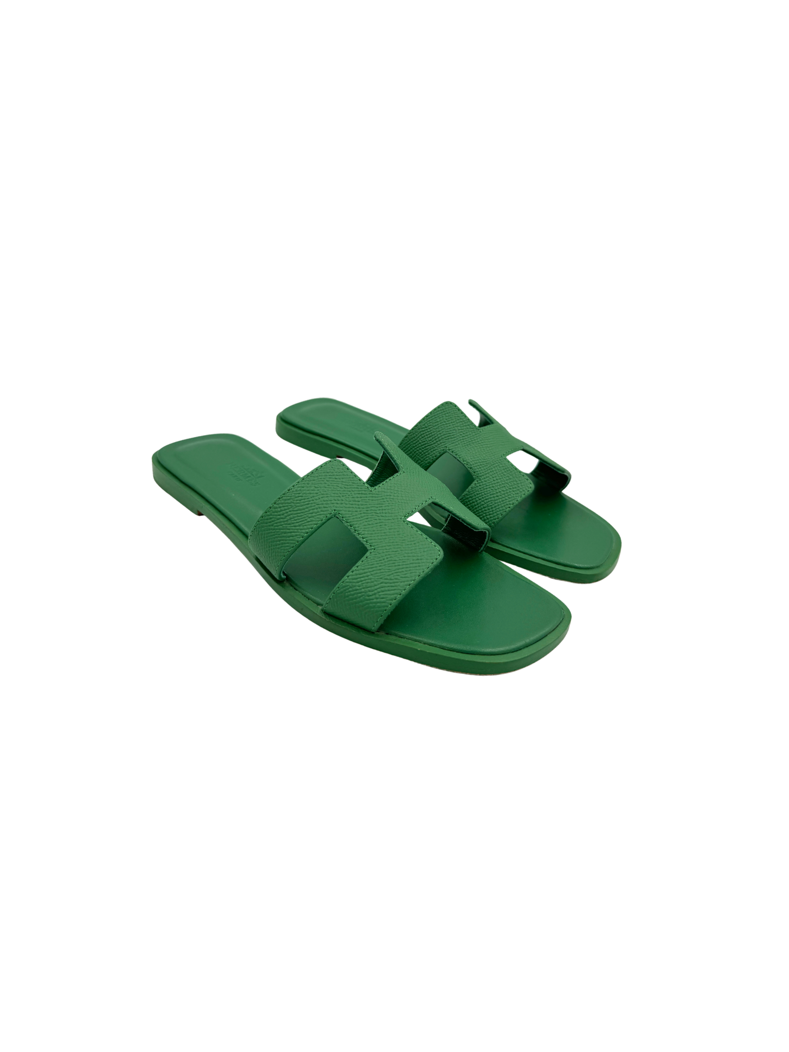 Size 37 Classic Oran Flat Slide Sandals in Vert Vertigo Green Epsom Leather